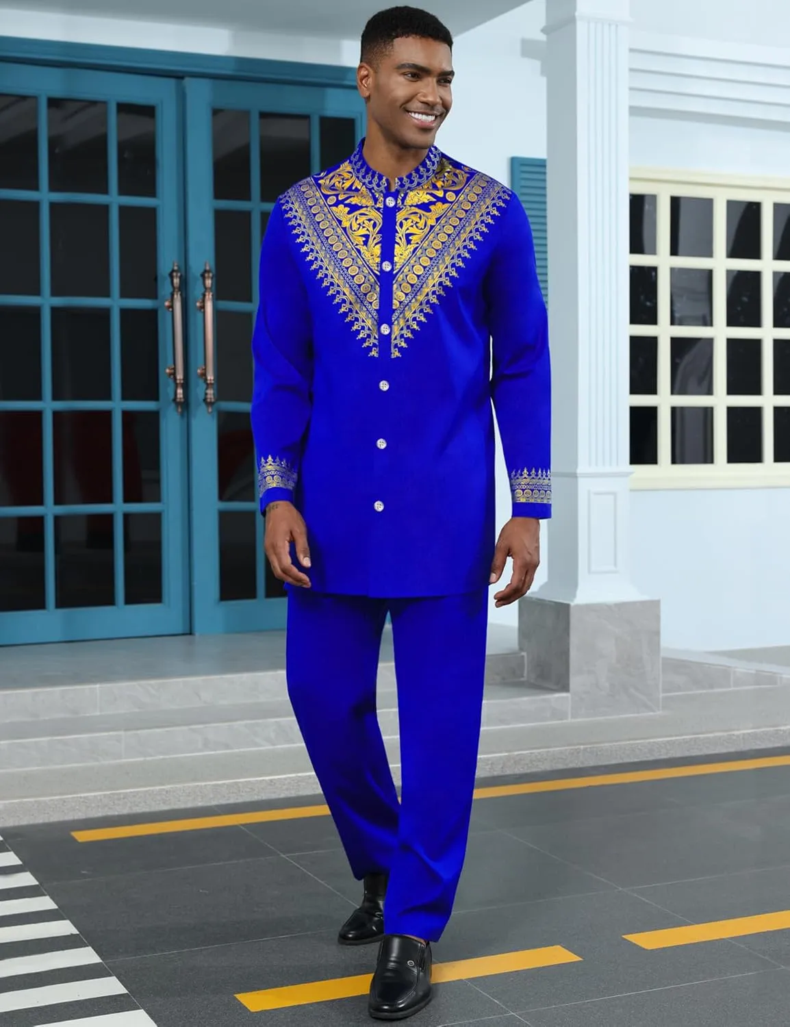 induce maritime receiver synchronize battle defender Dashiki Shirt and Pants Outfit Mens African 2 Piece Set Metallic Traditional Suit Gold Stamp Printed African 