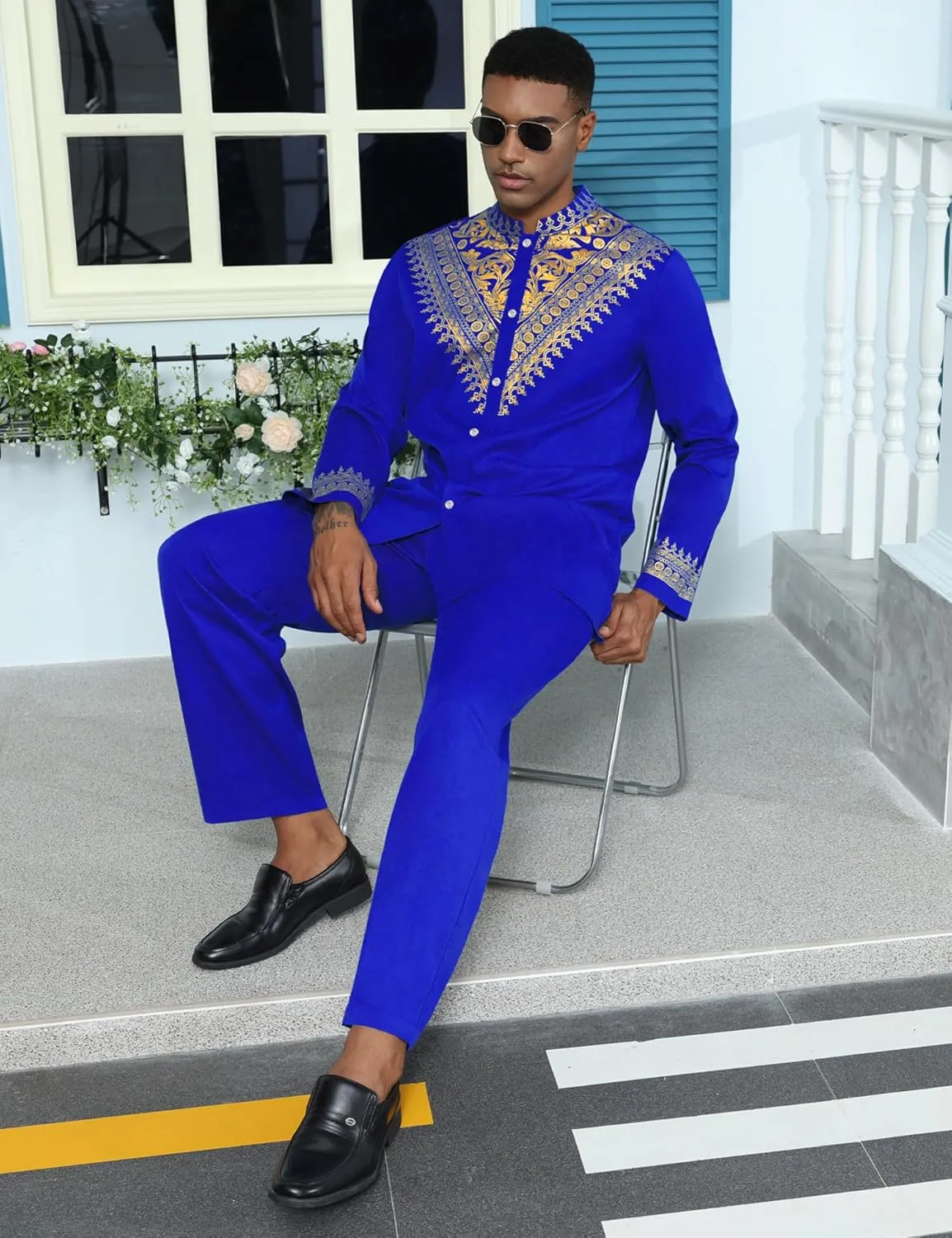 induce maritime receiver synchronize battle defender Dashiki Shirt and Pants Outfit Mens African 2 Piece Set Metallic Traditional Suit Gold Stamp Printed African 