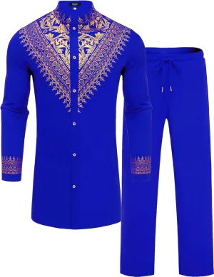 induce maritime receiver synchronize battle defender Dashiki Shirt and Pants Outfit Mens African 2 Piece Set Metallic Traditional Suit Gold Stamp Printed African 