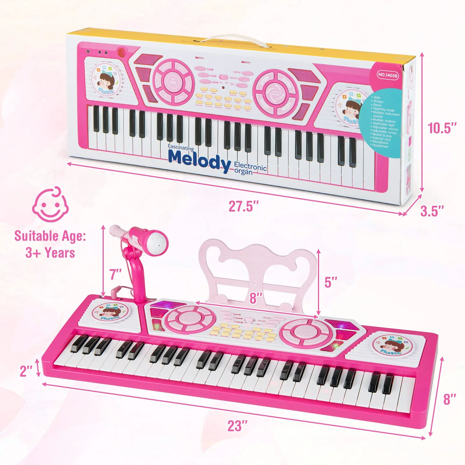 INFANS 49 Keys Kids Piano Keyboard with Microphone, Portable Electronic Musical Instrument Toy