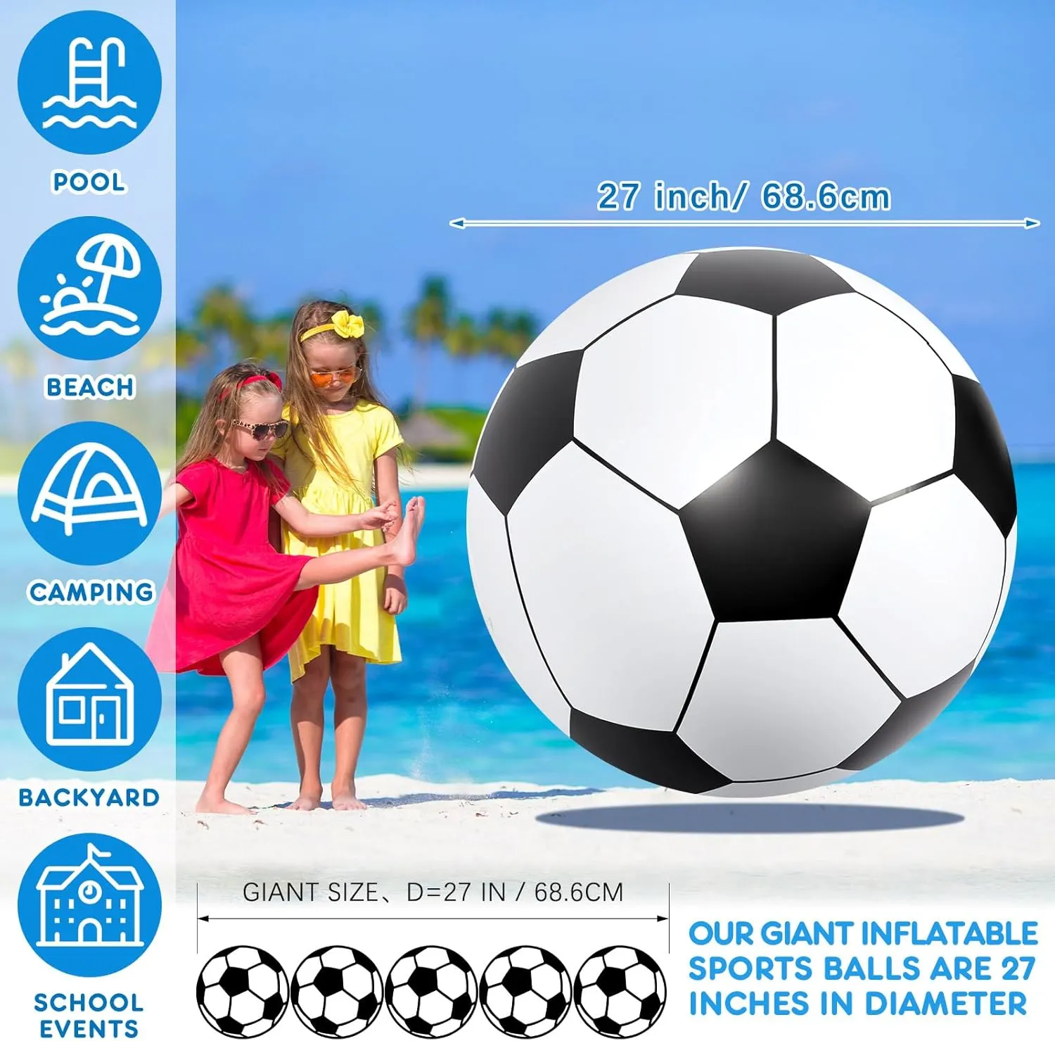 Inflatable Beach Ball Baseballs Soccer Rainbow Basketball Football tempera democrat cucumber for Sport Birthday Party Favor(2 Pcs$Soccer$ Football$27 Inch) Lewtemi Giant Inflatable Sports Balls Large 