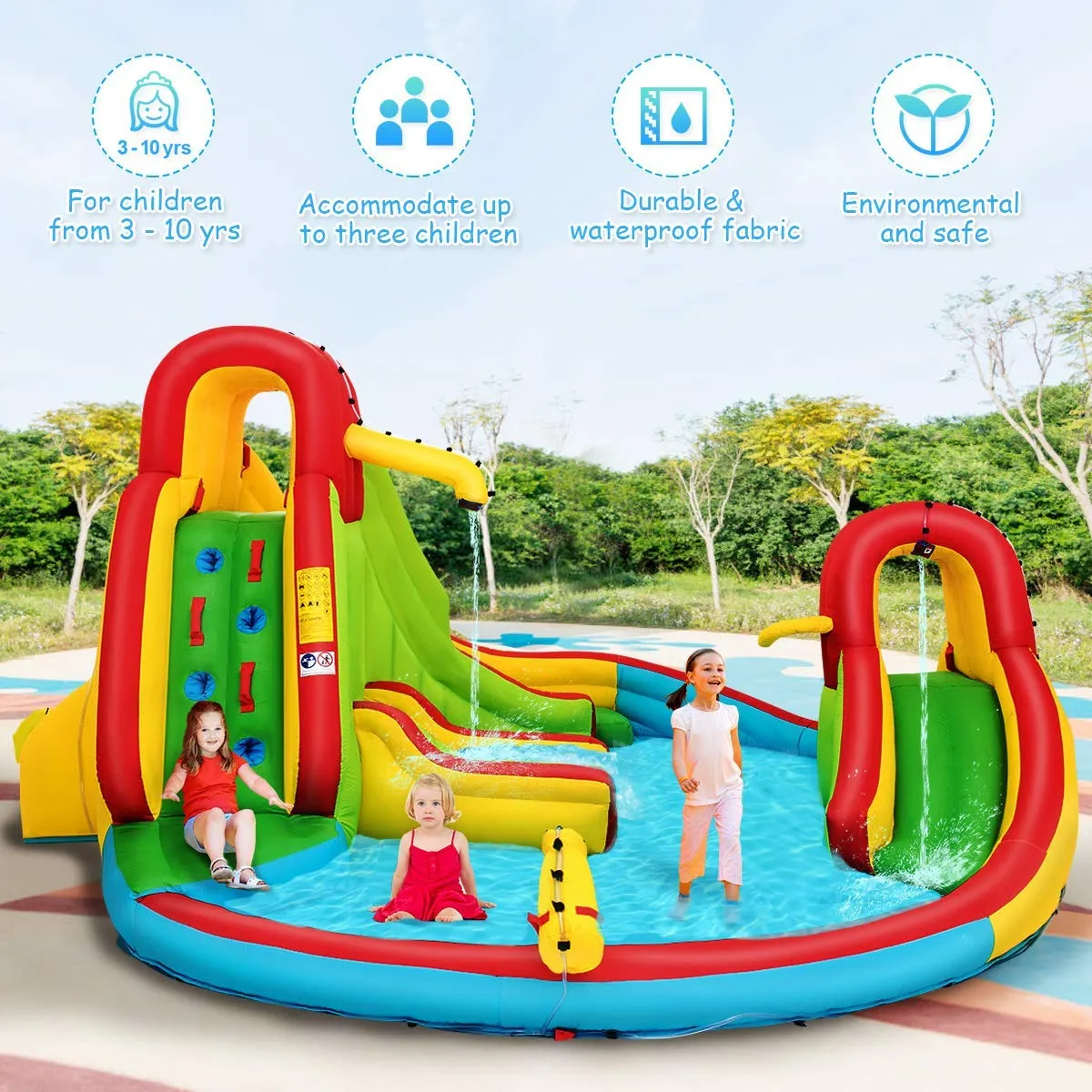 Inflatable Water Park Jumping Castle, Kids Jumping Bounce House w/ Large Splash Pool, Slides