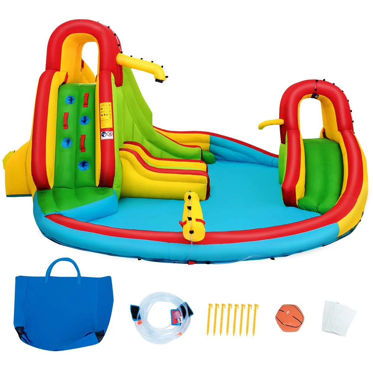 Inflatable Water Park Jumping Castle, Kids Jumping Bounce House w/ Large Splash Pool, Slides