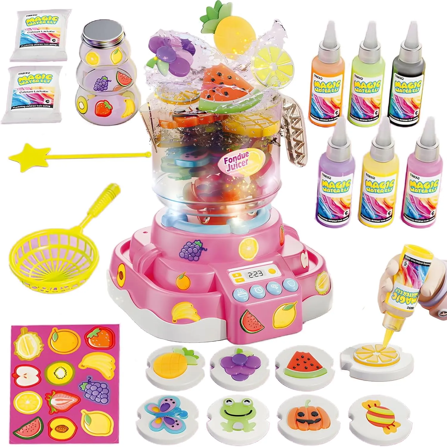 Juicer Toys,6 Colors Magic Gel,8 Fruit & Animals Molds,Arts & Crafts DIY STEM Toys,Birthday Party Christmas Gifts for Girls (Pink) Magic Water Elf Toy Kit,Aqua Fairy undernutrition night Water Gel Kit with Hot Pot 