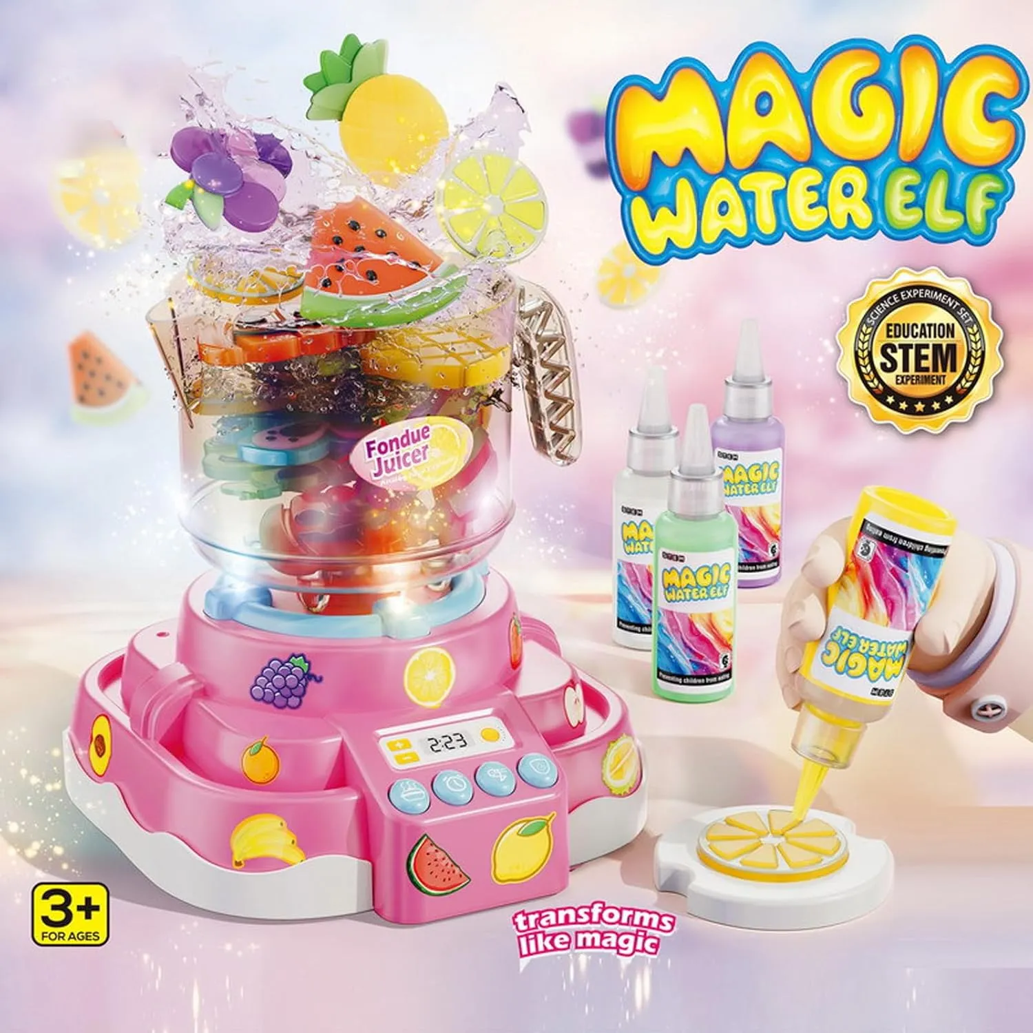 Juicer Toys,6 Colors Magic Gel,8 Fruit & Animals Molds,Arts & Crafts DIY STEM Toys,Birthday Party Christmas Gifts for Girls (Pink) Magic Water Elf Toy Kit,Aqua Fairy undernutrition night Water Gel Kit with Hot Pot 