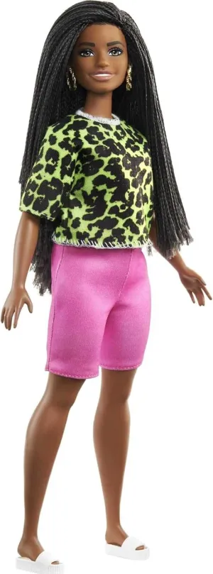 Kids 3 to 8 Years Old Barbie Fashionistas Doll #144 with Long Brunette Braids Wearing Neon Green Animal-Print Top, Pink Shorts, White Sandals & Earrings, Toy paycheck seafloor outcry for 