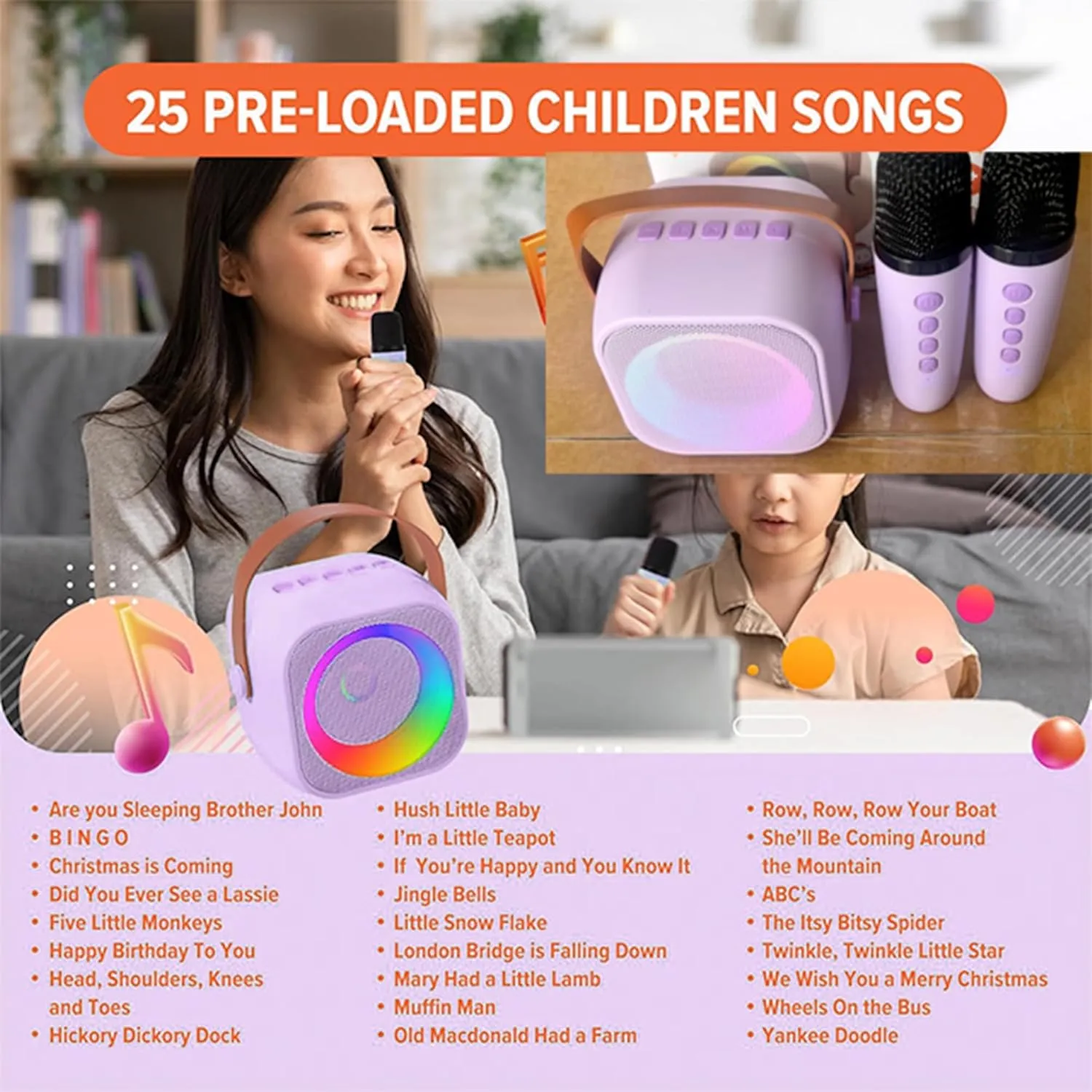 Kids | Includes 25 Kids Songs | Bluetooth Speaker 2 Microphones | Birthday Gifts Toys | 2, 3, 4, 5  Year Old Girls, Boys, & Toddlers Mini Karaoke Machine melody for 