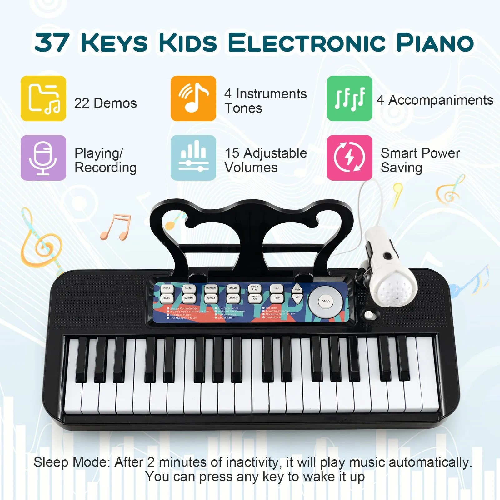 Kids Piano Keyboard 37-Key Kids Toy Keyboard Piano with Microphone for 3  Kids-Black
