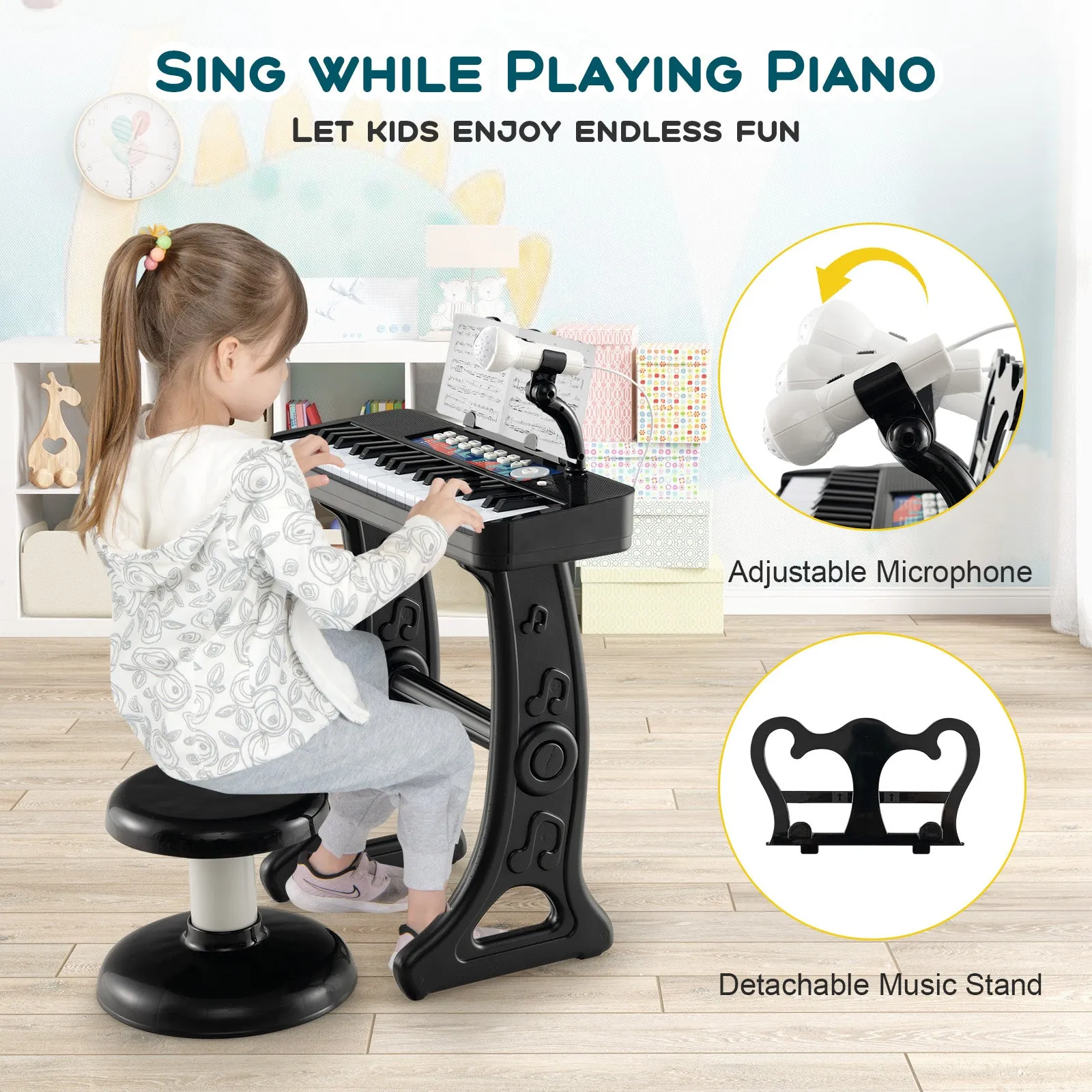 Kids Piano Keyboard 37-Key Kids Toy Keyboard Piano with Microphone for 3  Kids-Black