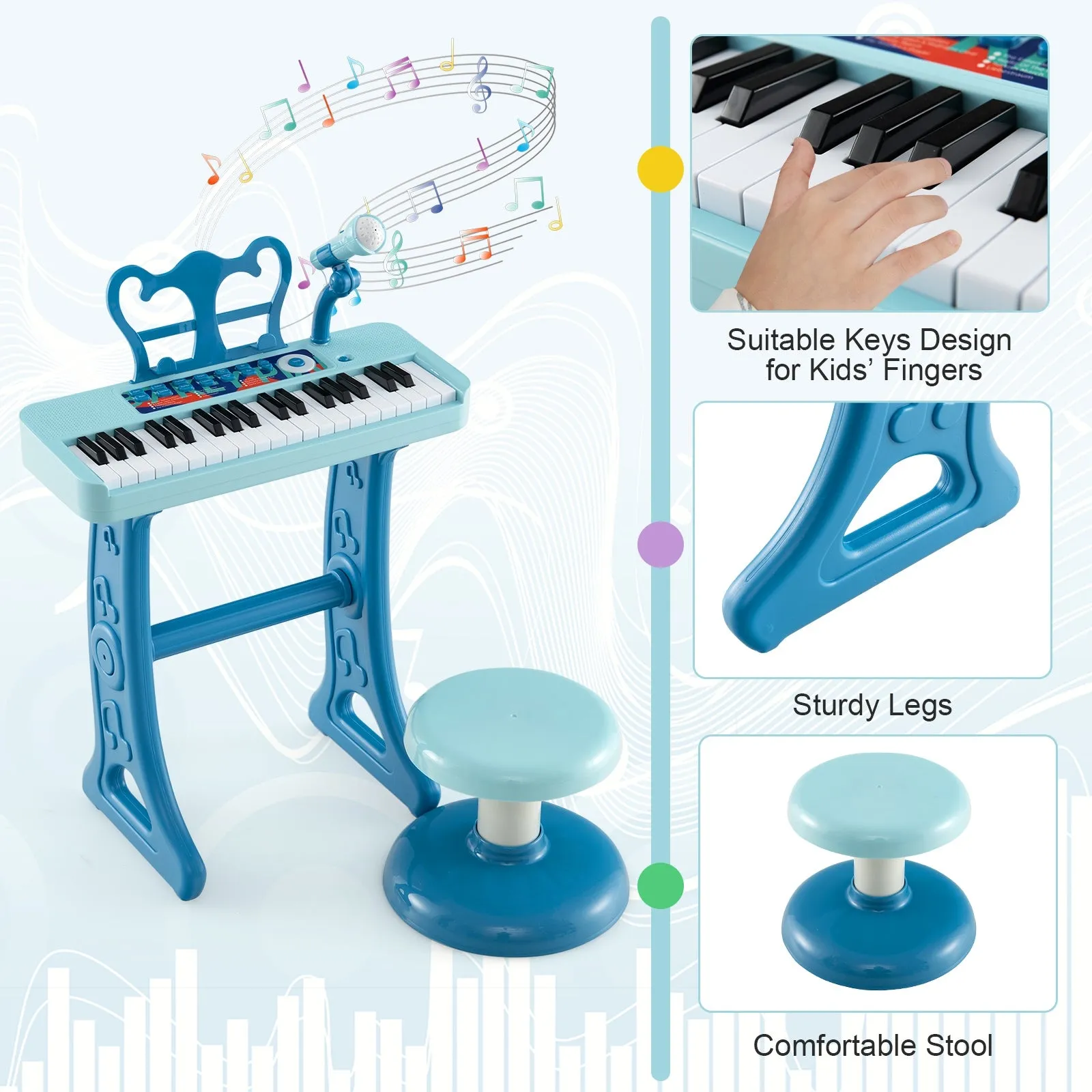Kids Piano Keyboard 37-Key Kids Toy Keyboard Piano with Microphone for 3  Kids-Blue