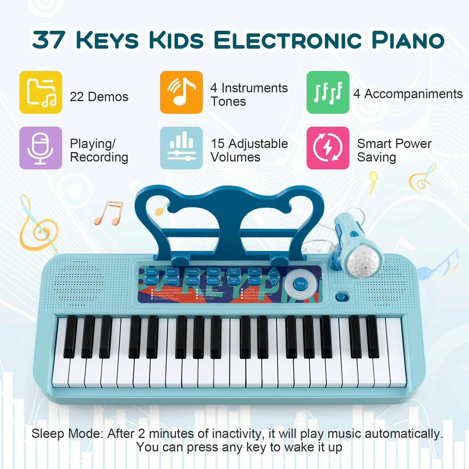 Kids Piano Keyboard 37-Key Kids Toy Keyboard Piano with Microphone for 3  Kids-Blue
