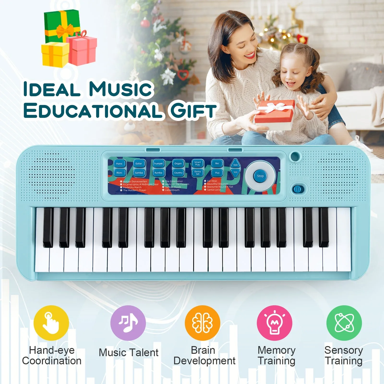 Kids Piano Keyboard 37-Key Kids Toy Keyboard Piano with Microphone for 3  Kids-Blue