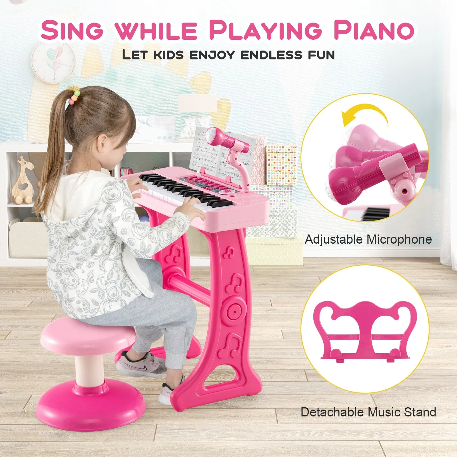 Kids Piano Keyboard 37-Key Kids Toy Keyboard Piano with Microphone for 3  Kids-Pink