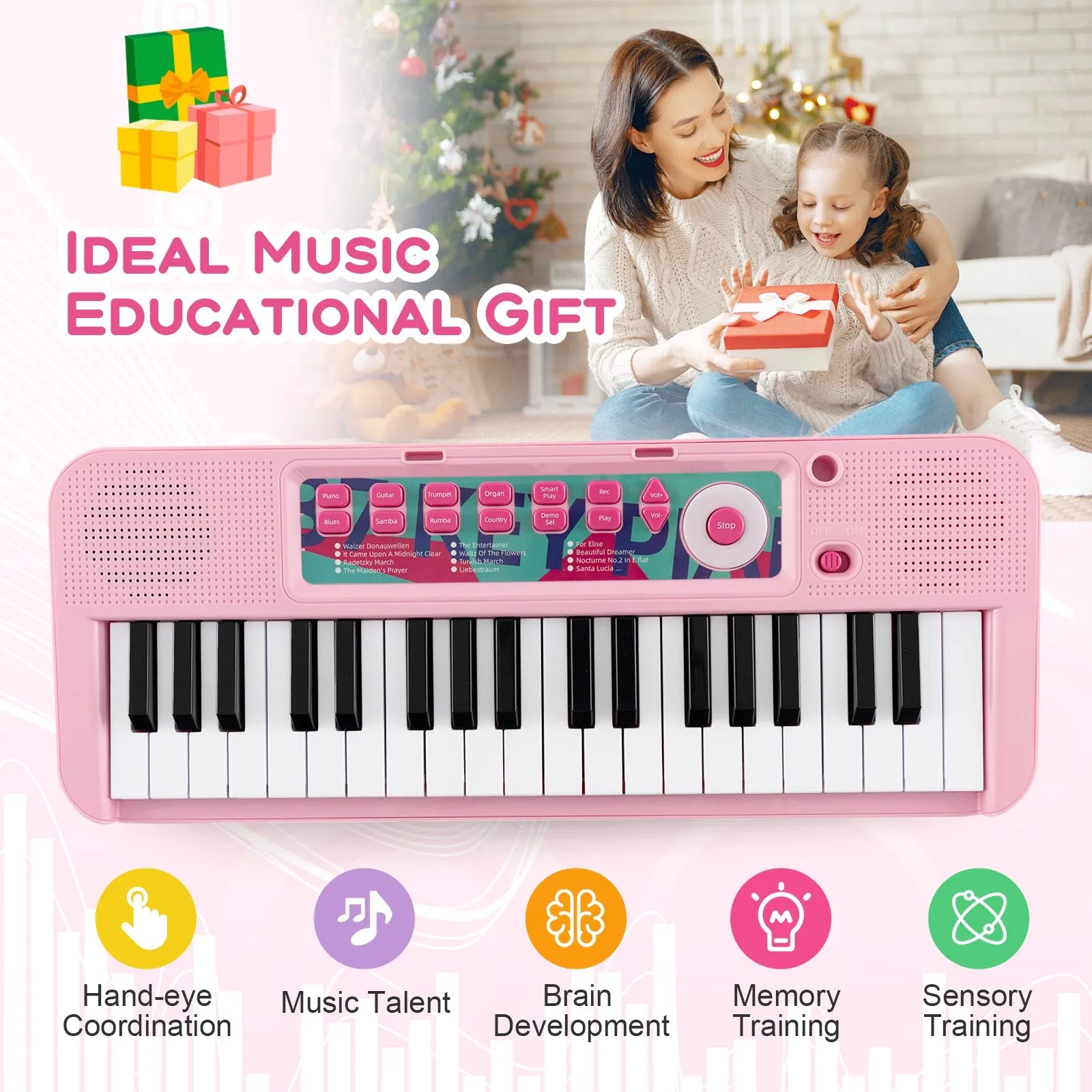 Kids Piano Keyboard 37-Key Kids Toy Keyboard Piano with Microphone for 3  Kids-Pink