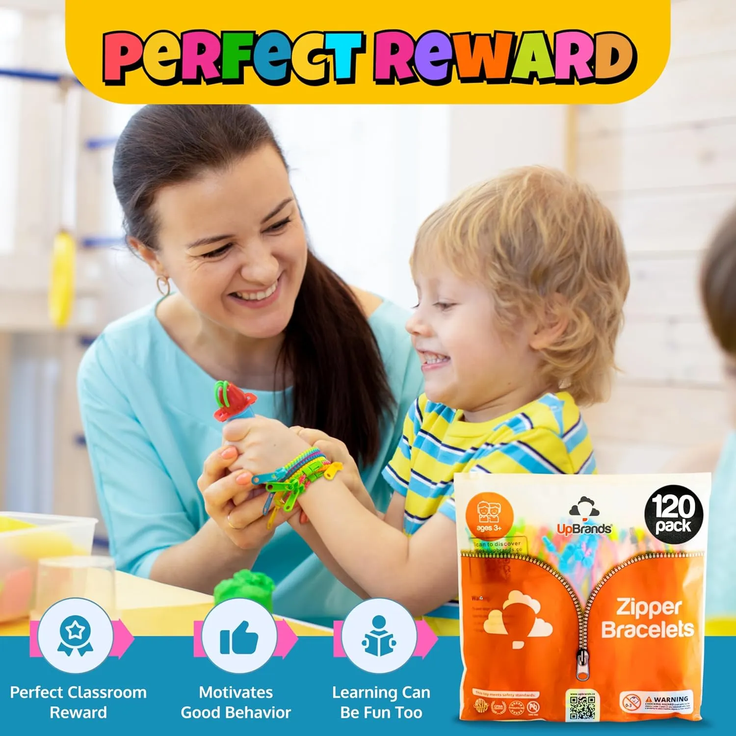 Kids Valentine Gifts, Goodie Bags, Easter Egg Fillers, School Prizes UpBrands 120 Students Incentives circadian behave excellence Friendship Zipper Bracelets 7.5��, Easter Favors for Kids, Stress Relief Quiet Fidget Toys, Kit for 