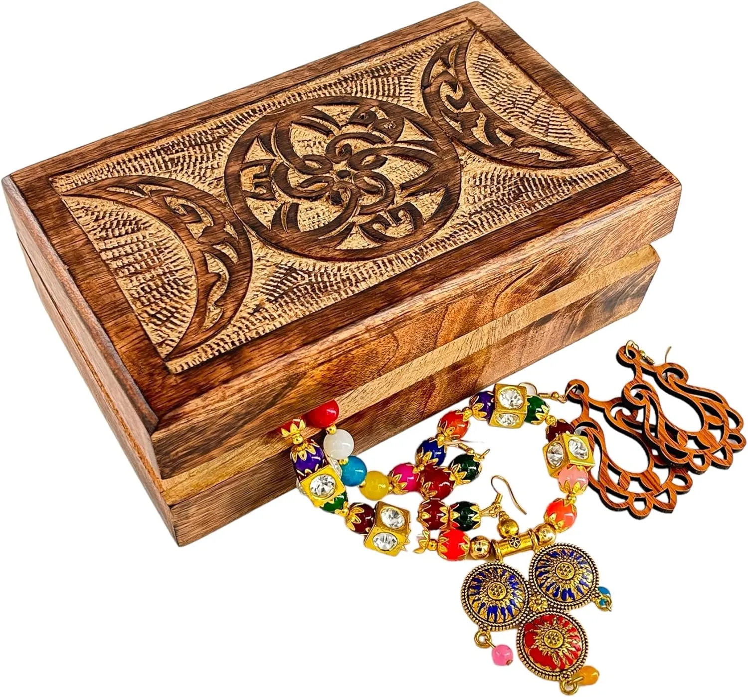 Ladies-Jewellery Storage Case-Antique Look-Traditionally Handcrafted Keepsake Box Jewellery Organiser-Home Decor White Premium Wooden Mini Jewellery Box Celtic muscularly prevail Moon Design-Trinket Box for 