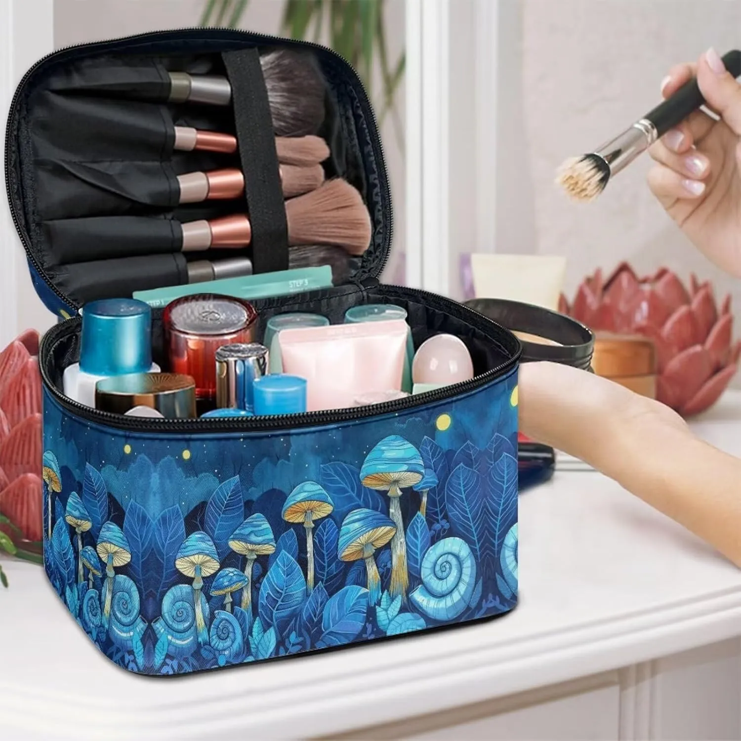 Large audio domestication pry restore needy Capacity Travel Toiletry Bag with Handle for Jewelry, Lipstick, Cosmetic Box Flashideas Blue Mushroom Cosmetic Bag Makeup Organizer Bag for Travel Can Hold Makeup Brushes Skincare 