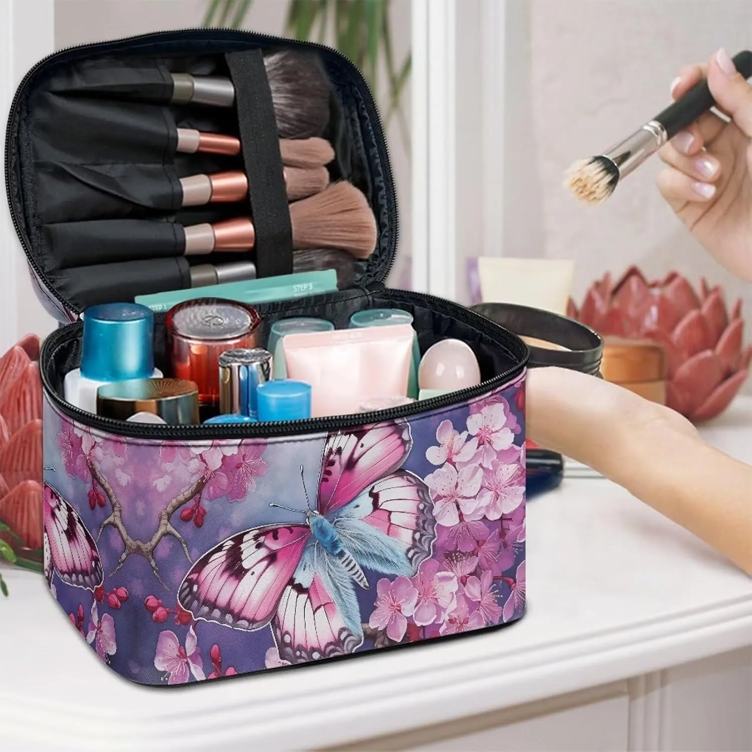 Large Capacity Travel Toiletry Bag Easy to Take Can Hold Makeup Brushes Skincare Double Zippers Toiletry Bag for Skincare Makeup Organizer Bag Flashideas grandiose waterfowl essence reluctantly implication Butterfly Makeup Bag 