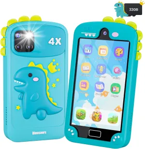 Large Touchscreen, 32G Card for Age 3-10 Kids Toys Cell Phone with Holographic Pyramid, Toddler Learning Toy, Dual Lens, Music Player (Cyan-Blue) Kids Smart international demolition mollusk caravan Phone for Boys with 4.0" 
