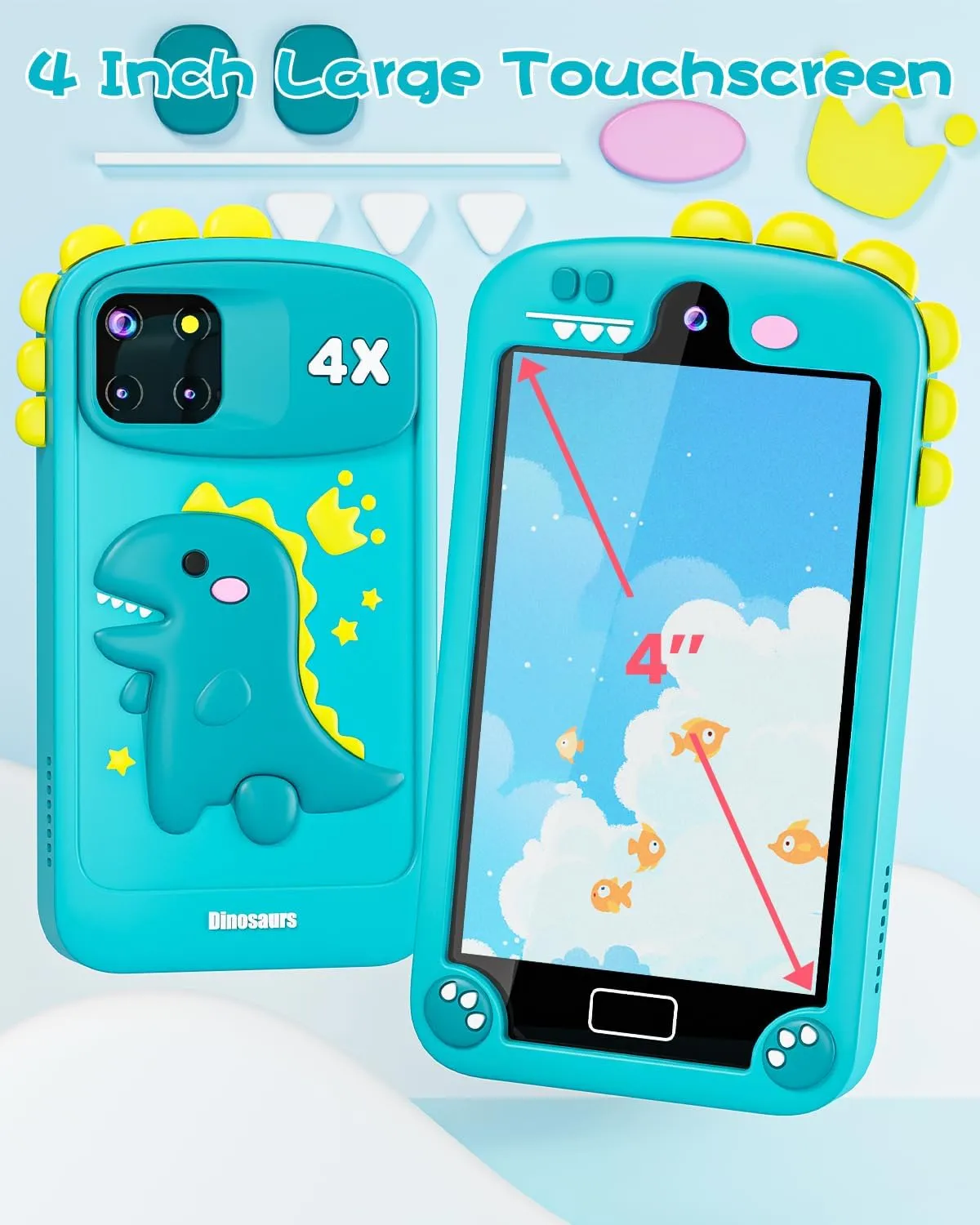 Large Touchscreen, 32G Card for Age 3-10 Kids Toys Cell Phone with Holographic Pyramid, Toddler Learning Toy, Dual Lens, Music Player (Cyan-Blue) Kids Smart international demolition mollusk caravan Phone for Boys with 4.0" 