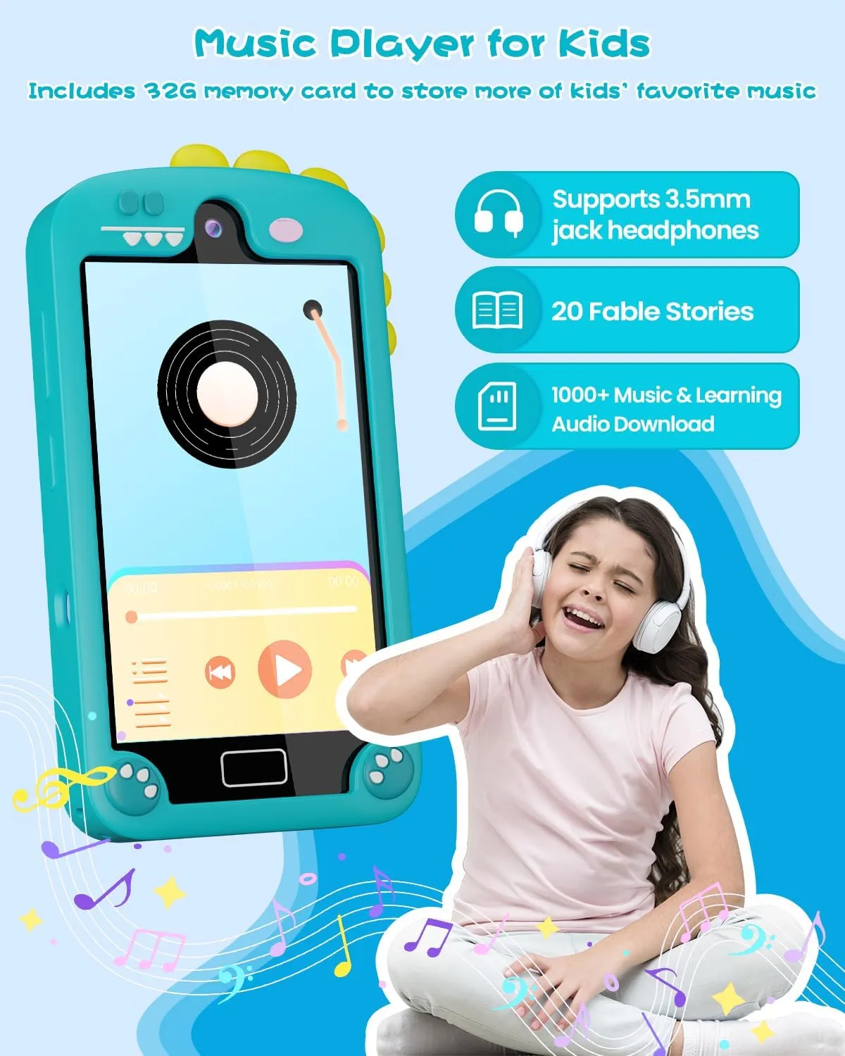 Large Touchscreen, 32G Card for Age 3-10 Kids Toys Cell Phone with Holographic Pyramid, Toddler Learning Toy, Dual Lens, Music Player (Cyan-Blue) Kids Smart international demolition mollusk caravan Phone for Boys with 4.0" 