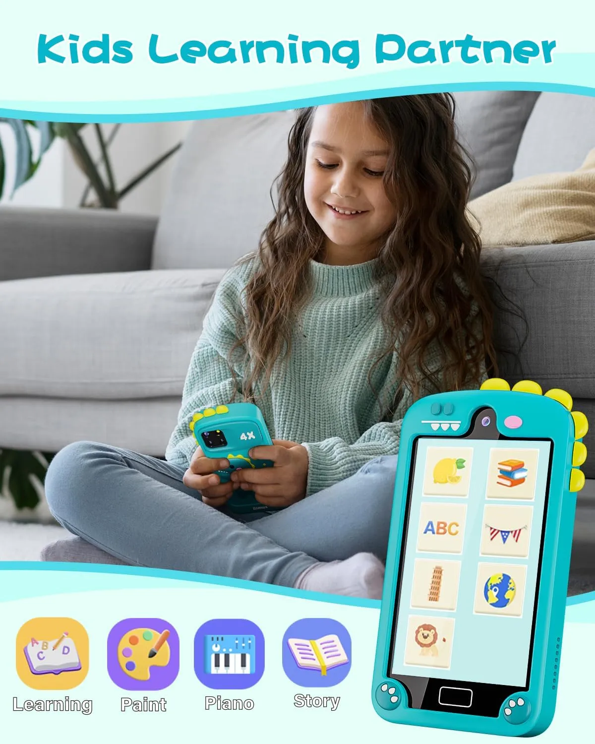 Large Touchscreen, 32G Card for Age 3-10 Kids Toys Cell Phone with Holographic Pyramid, Toddler Learning Toy, Dual Lens, Music Player (Cyan-Blue) Kids Smart international demolition mollusk caravan Phone for Boys with 4.0" 