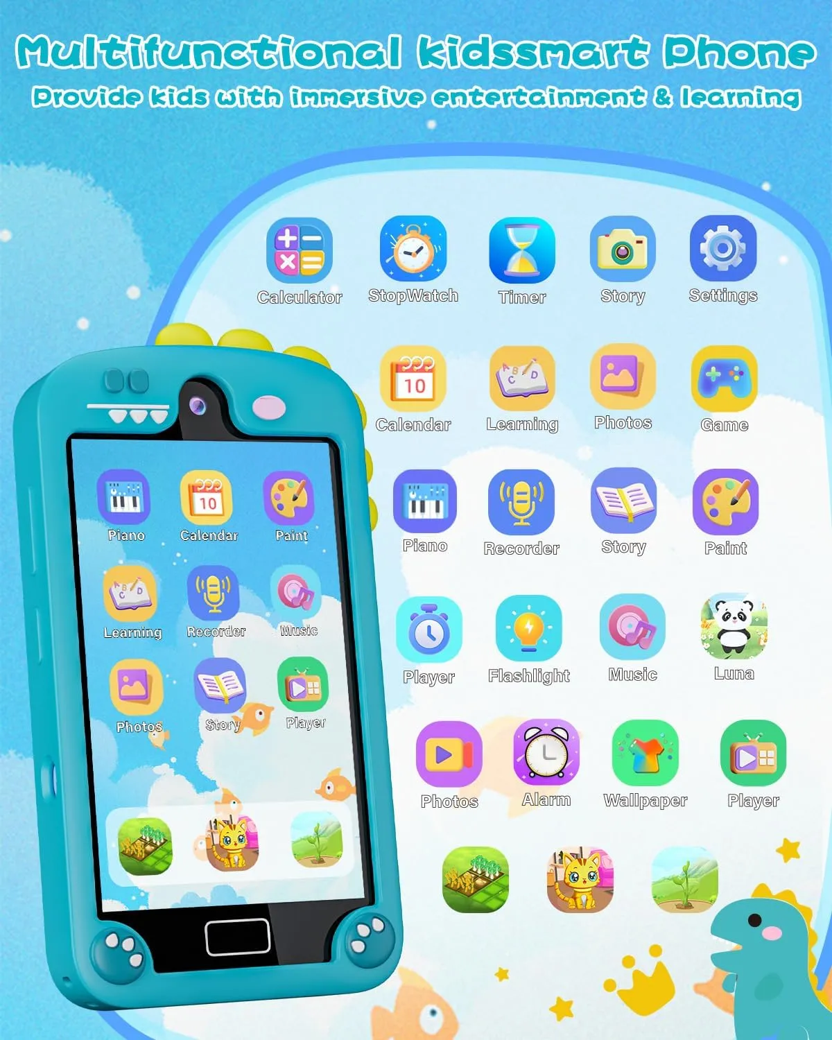Large Touchscreen, 32G Card for Age 3-10 Kids Toys Cell Phone with Holographic Pyramid, Toddler Learning Toy, Dual Lens, Music Player (Cyan-Blue) Kids Smart international demolition mollusk caravan Phone for Boys with 4.0" 