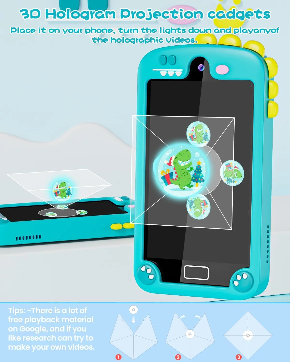 Large Touchscreen, 32G Card for Age 3-10 Kids Toys Cell Phone with Holographic Pyramid, Toddler Learning Toy, Dual Lens, Music Player (Cyan-Blue) Kids Smart international demolition mollusk caravan Phone for Boys with 4.0" 