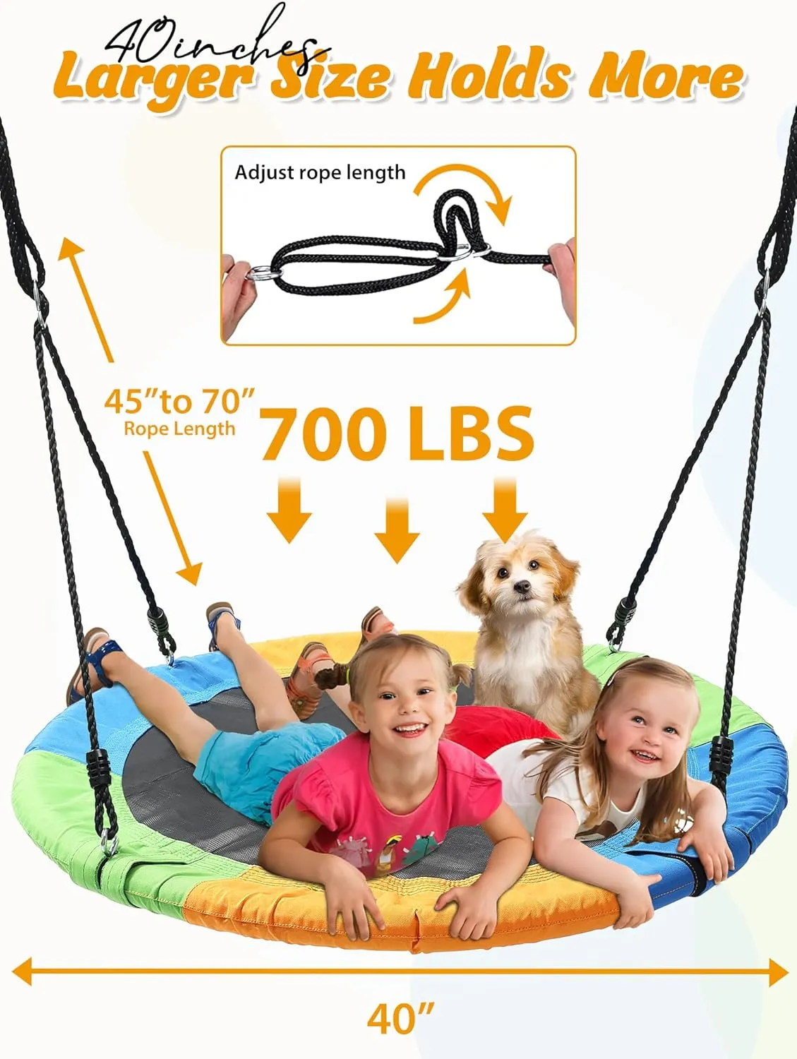 lb Capacity$ Child Gift$ Multi-Colored Tree Saucer Swing$ 40" Round Swings for Kids Outdoor$ Heavy Duty Disc Circle Swing with Hanging Straps$ Durable Rope$ Frame unionization for Backyard Swingset$ 750 