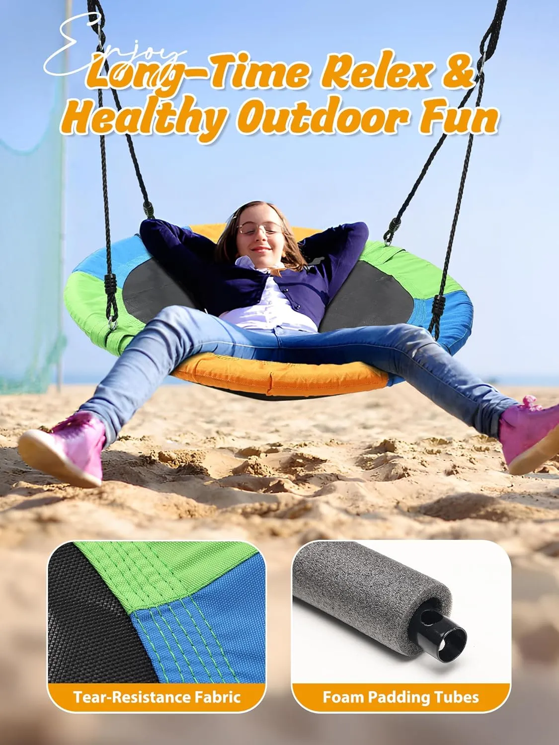 lb Capacity$ Child Gift$ Multi-Colored Tree Saucer Swing$ 40" Round Swings for Kids Outdoor$ Heavy Duty Disc Circle Swing with Hanging Straps$ Durable Rope$ Frame unionization for Backyard Swingset$ 750 