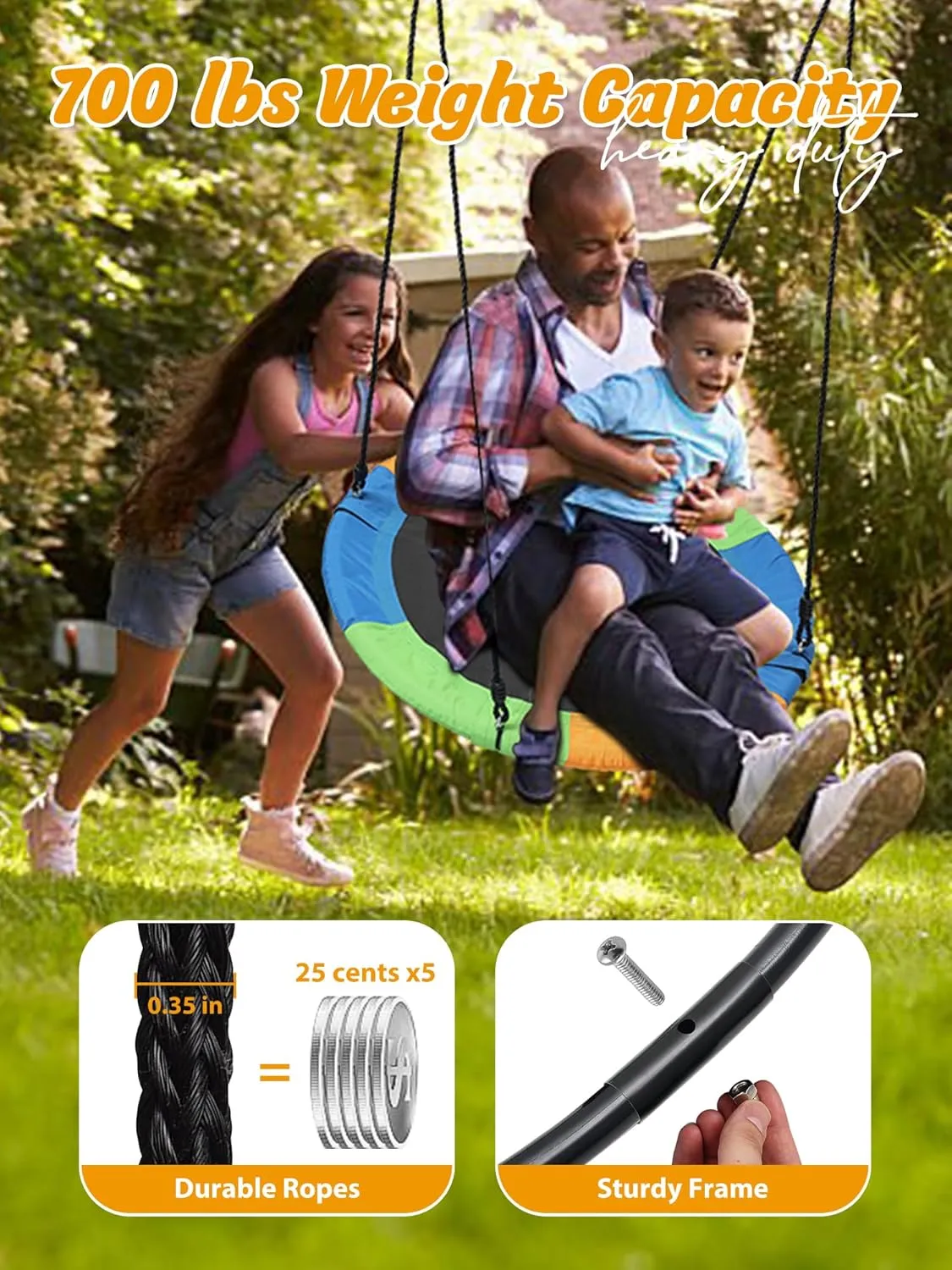 lb Capacity$ Child Gift$ Multi-Colored Tree Saucer Swing$ 40" Round Swings for Kids Outdoor$ Heavy Duty Disc Circle Swing with Hanging Straps$ Durable Rope$ Frame unionization for Backyard Swingset$ 750 