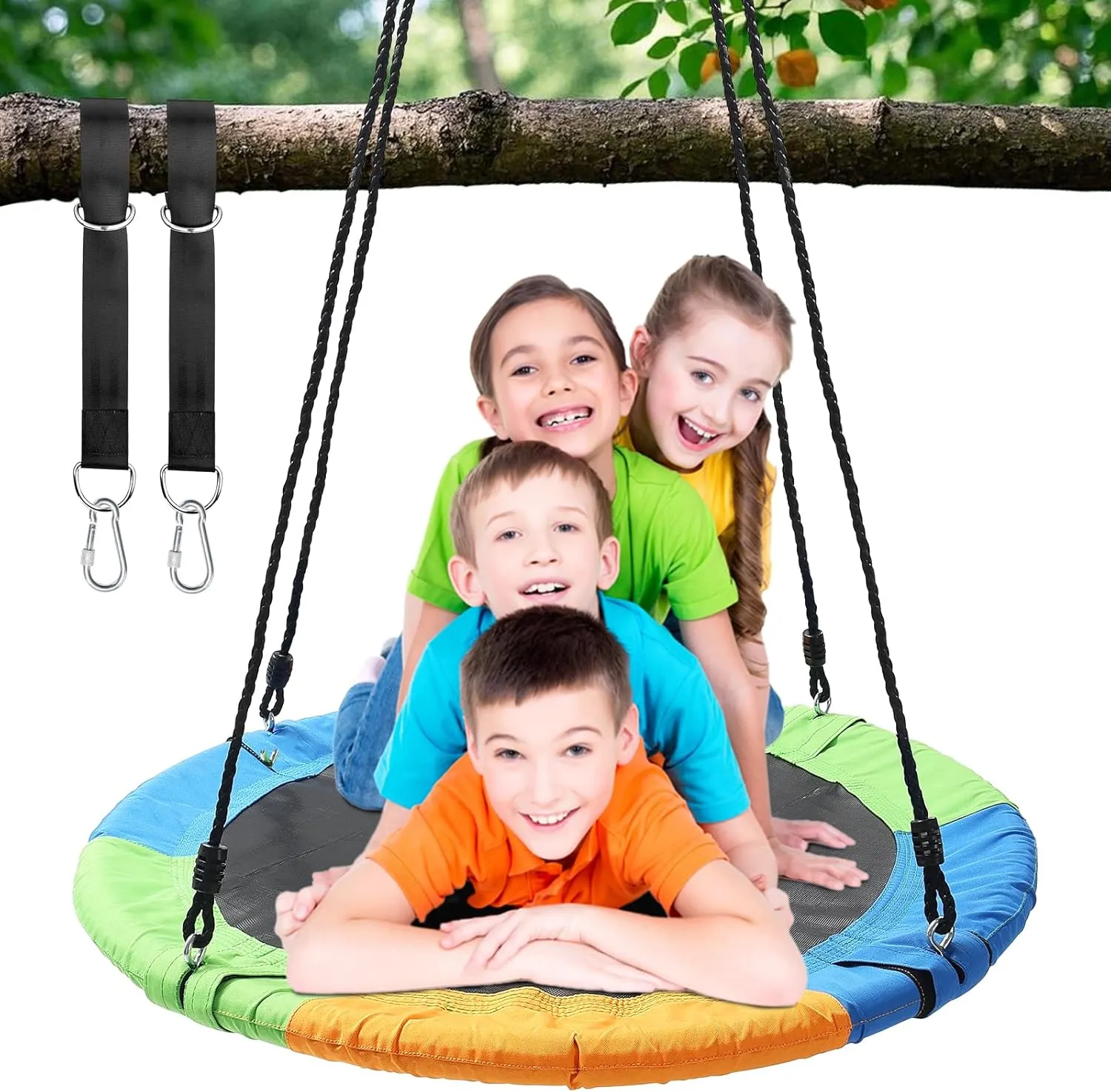 lb Capacity$ Child Gift$ Multi-Colored Tree Saucer Swing$ 40" Round Swings for Kids Outdoor$ Heavy Duty Disc Circle Swing with Hanging Straps$ Durable Rope$ Frame unionization for Backyard Swingset$ 750 