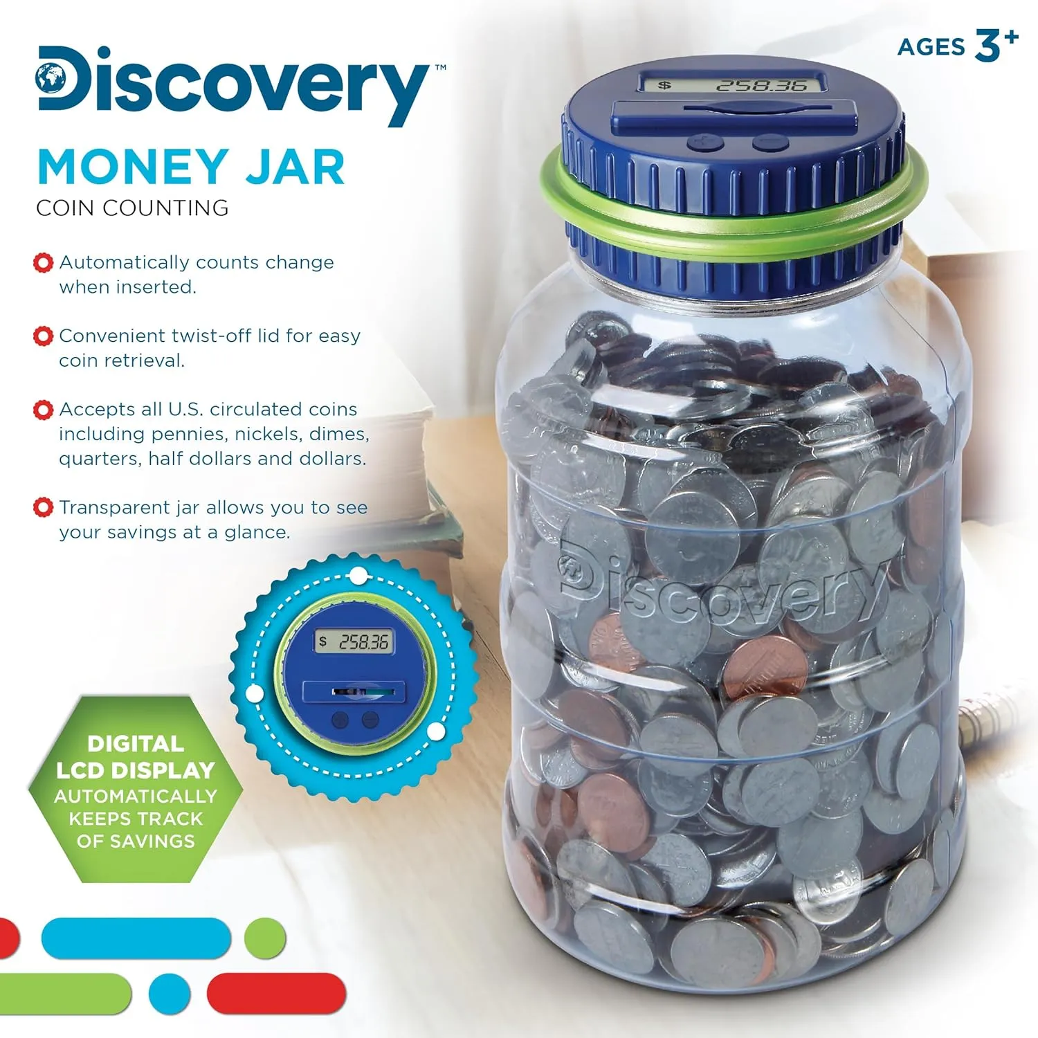 Learning Tool Gift DISCOVERY KIDS Digital Coin-Counting Money Jar with LCD Screen$ Keeps Track of Deposits$ Battery generic abstraction Operated$ Automatic Piggy Bank Savings for US Coins$ Childrens Financial Educational 