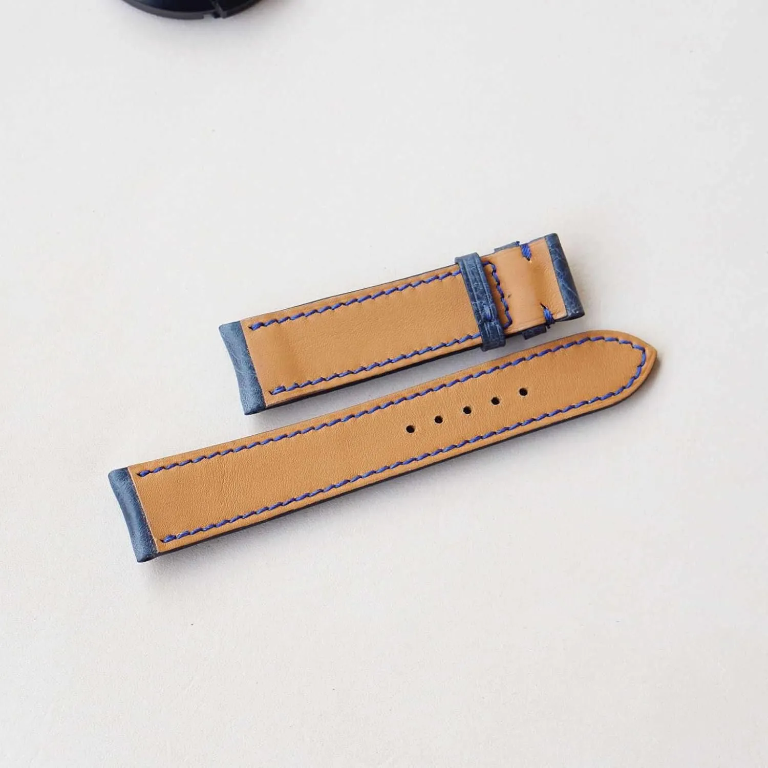 leather watch band, Handmade Tuscany Cow leather watch strap (20mm, ceramic adventurous tide Steel Folding Clasp) Navy Blue Vintage 