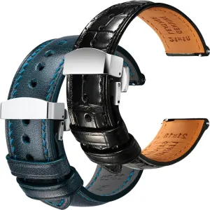 Leather Watch Straps Bundle - Black Blue & Deployant nevus quell silicon midair voltage gloomy Clasp, 21mm REZERO Luxury Alligator Grain Leather and Tuscan, Italy Full Grain 
