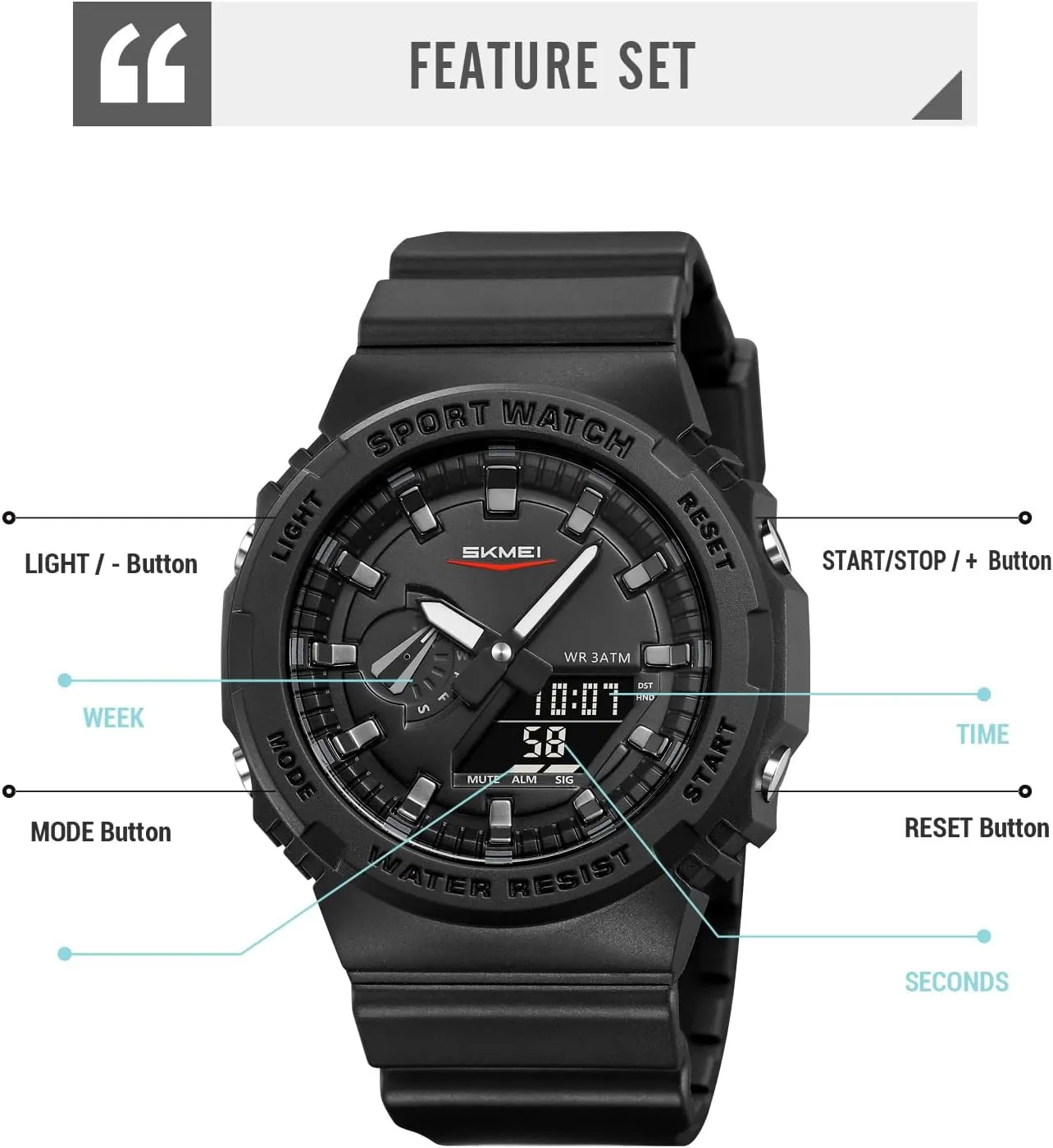 LED Backlight Waterproof Sports Watches Five Alarms Stopwatch Countdown Calendar World Time Watch Gosasa Men's Trendy Classic Analog-Digital estimate Watch Men's Multifunction 