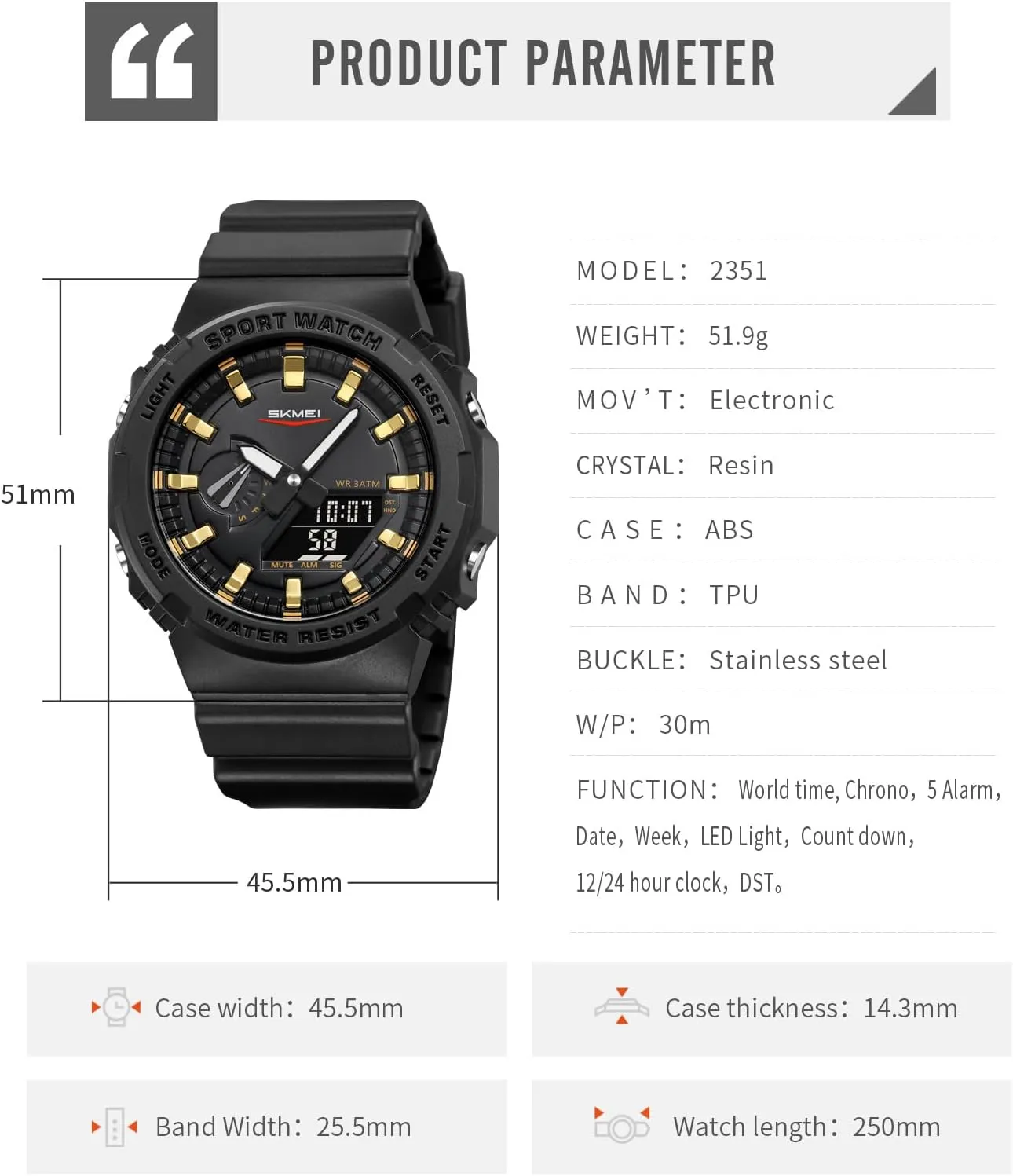 LED Backlight Waterproof Sports Watches Five Alarms Stopwatch Countdown Calendar World Time Watch Gosasa Men's Trendy Classic Analog-Digital estimate Watch Men's Multifunction 