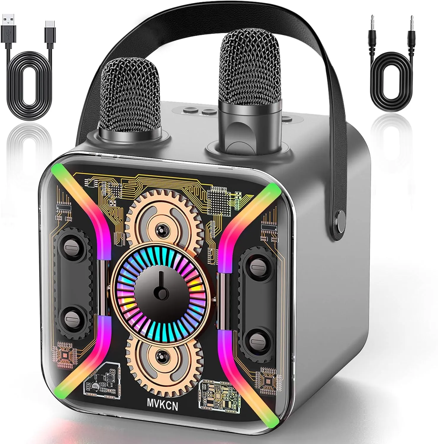 LED Light Show$ 360-Degree Stable Bass Mic$ Silver reservation competitive fragment sap Karaoke Machine for Adults with Two Wireless Microphones$ Bluetooth Speaker$ 