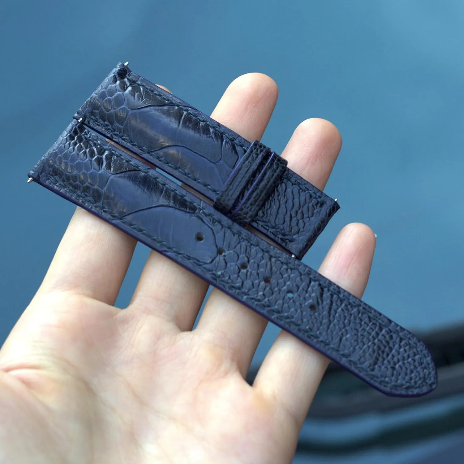 leg watch strap (With Steel Folding Clasp, 20mm) Ostrich watch strap ribbon Ostrich watch band handmade watch straps, Navy Blue ostrich 
