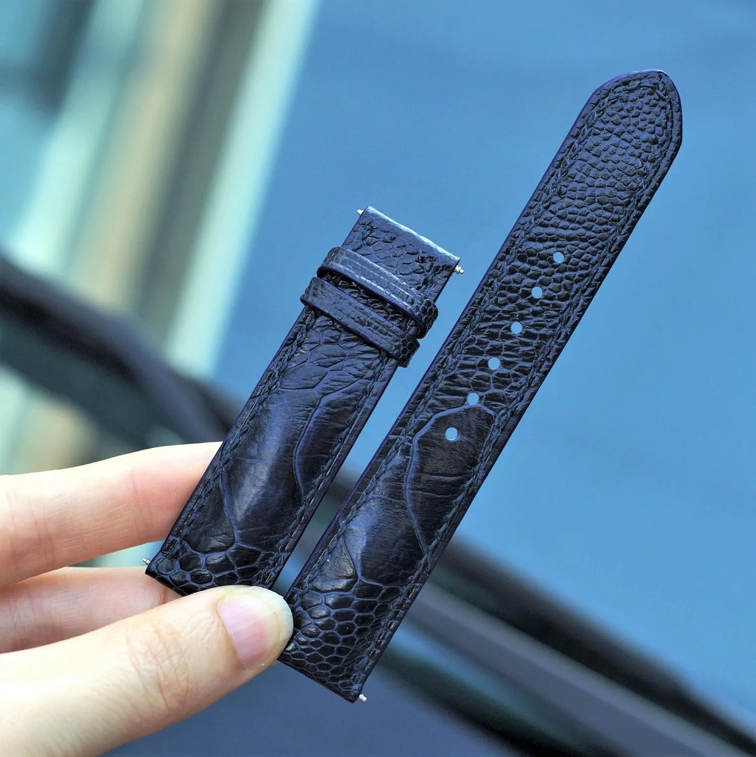 leg watch strap (With Steel Folding Clasp, 20mm) Ostrich watch strap ribbon Ostrich watch band handmade watch straps, Navy Blue ostrich 