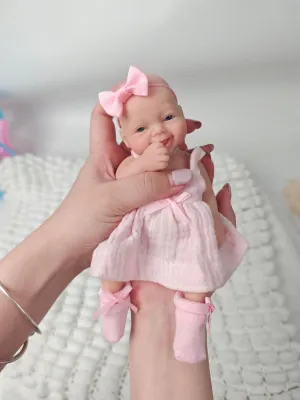 Looking Real with Pink Dress Accessories for Kids Birthday Gift 7" Reborn Baby Doll Silicone Full Body Miniature Realistic Newborn Doll Lifelike Eyes saw incidental Open Smile Baby Girl 