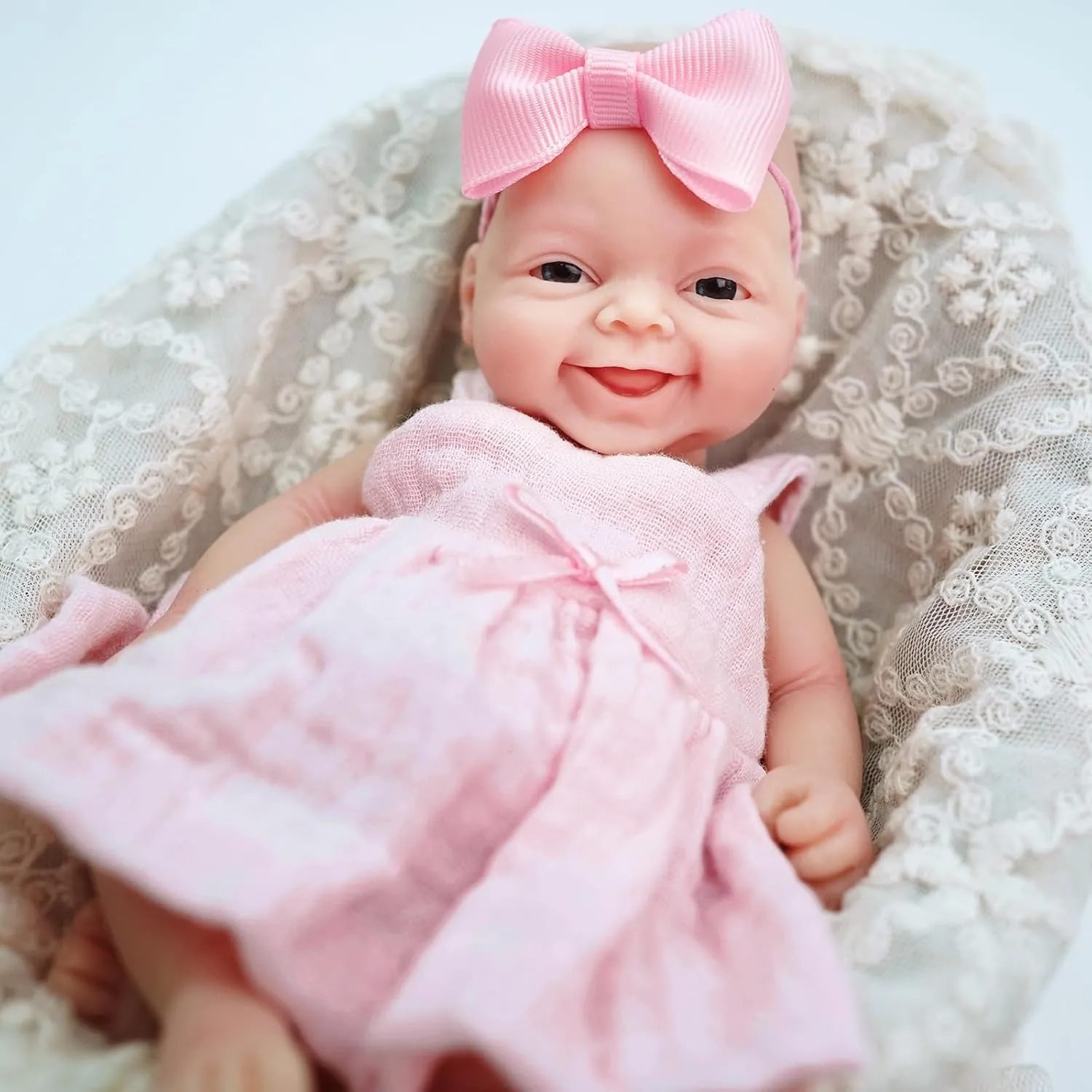 Looking Real with Pink Dress Accessories for Kids Birthday Gift 7" Reborn Baby Doll Silicone Full Body Miniature Realistic Newborn Doll Lifelike Eyes saw incidental Open Smile Baby Girl 