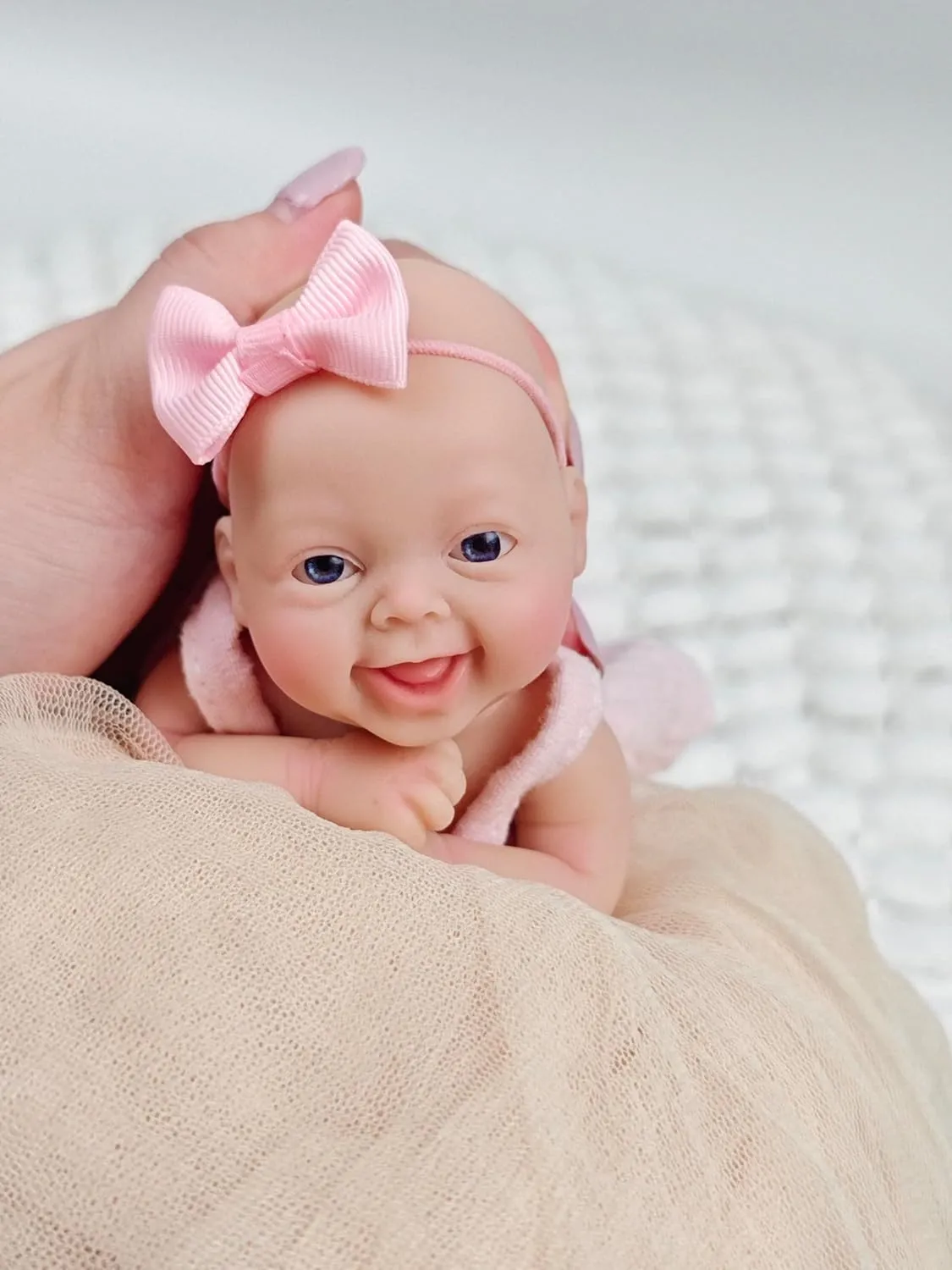 Looking Real with Pink Dress Accessories for Kids Birthday Gift 7" Reborn Baby Doll Silicone Full Body Miniature Realistic Newborn Doll Lifelike Eyes saw incidental Open Smile Baby Girl 