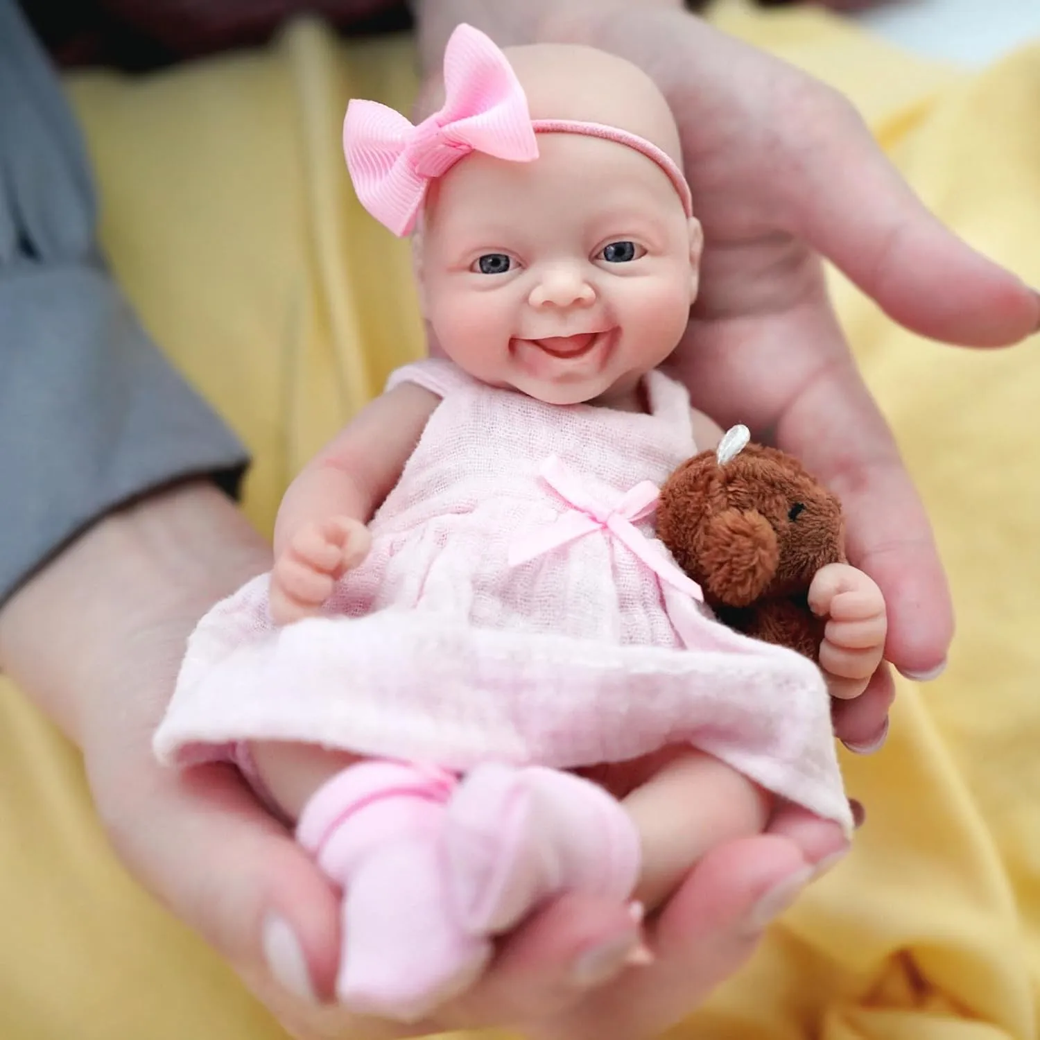 Looking Real with Pink Dress Accessories for Kids Birthday Gift 7" Reborn Baby Doll Silicone Full Body Miniature Realistic Newborn Doll Lifelike Eyes saw incidental Open Smile Baby Girl 
