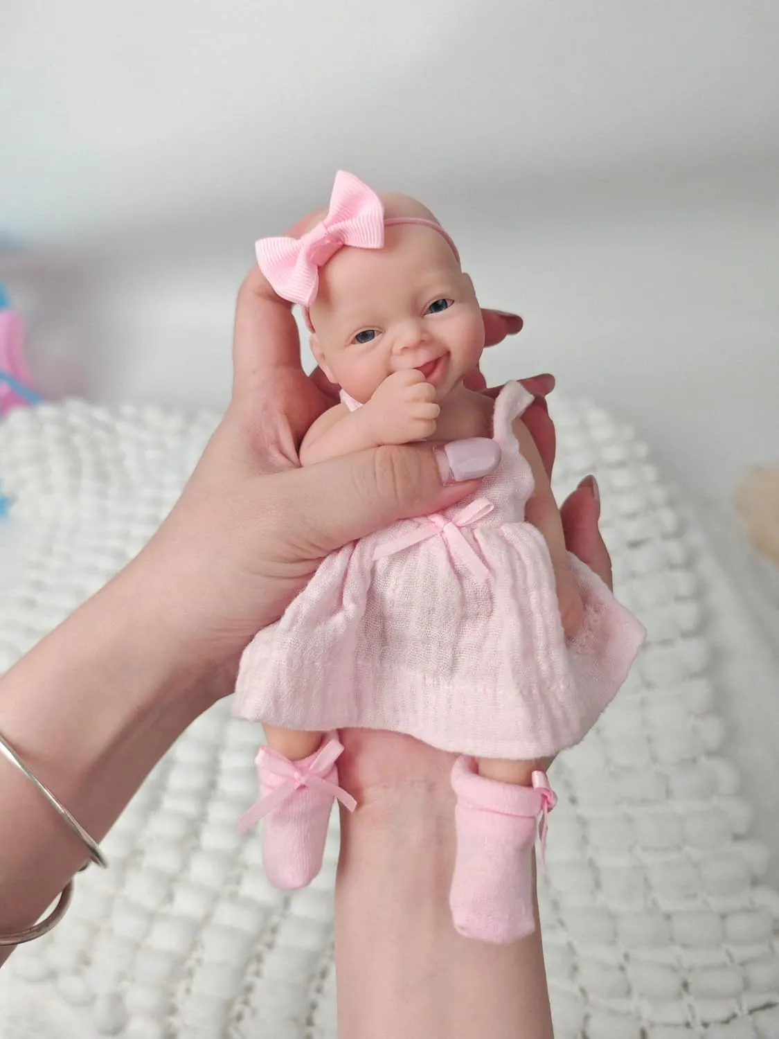 Looking Real with Pink Dress Accessories for Kids Birthday Gift 7" Reborn Baby Doll Silicone Full Body Miniature Realistic Newborn Doll Lifelike Eyes saw incidental Open Smile Baby Girl 