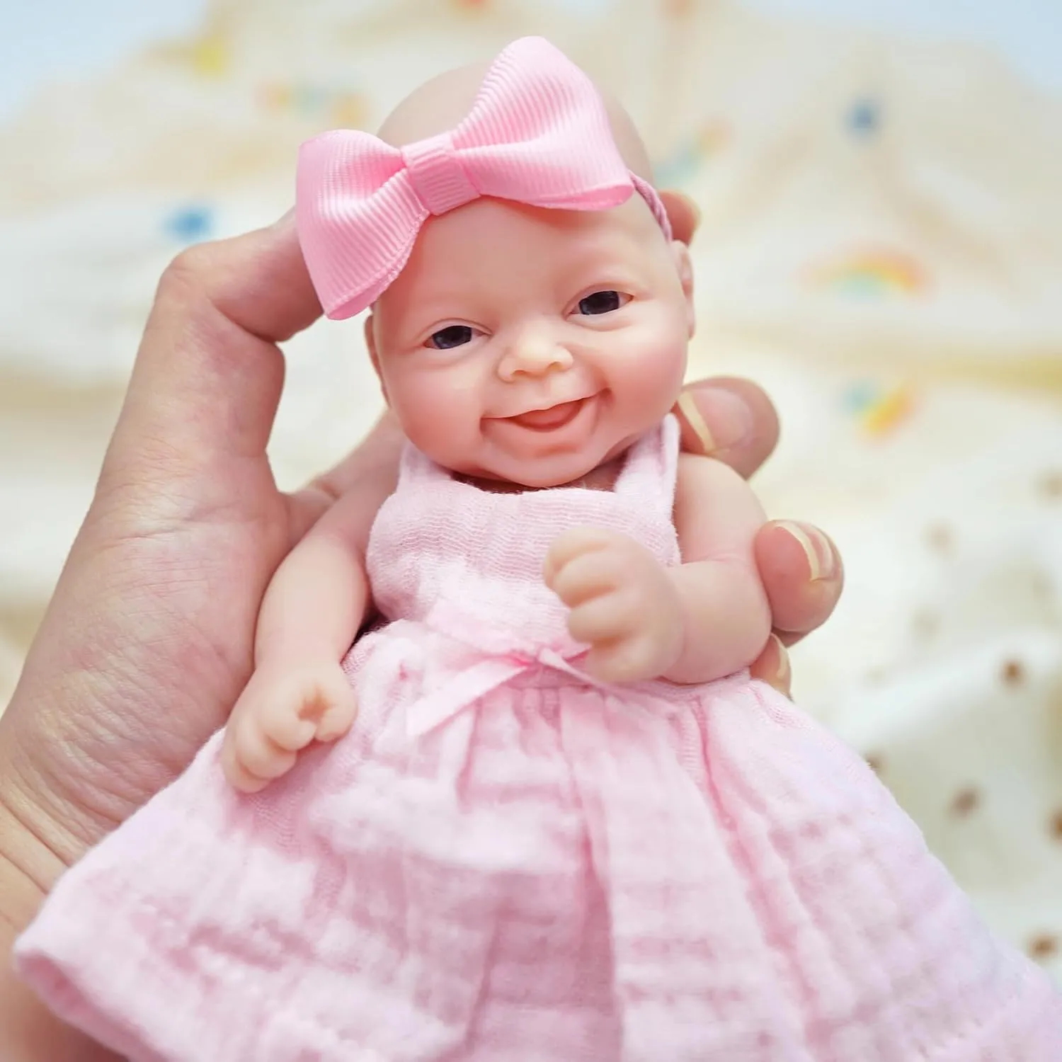Looking Real with Pink Dress Accessories for Kids Birthday Gift 7" Reborn Baby Doll Silicone Full Body Miniature Realistic Newborn Doll Lifelike Eyes saw incidental Open Smile Baby Girl 