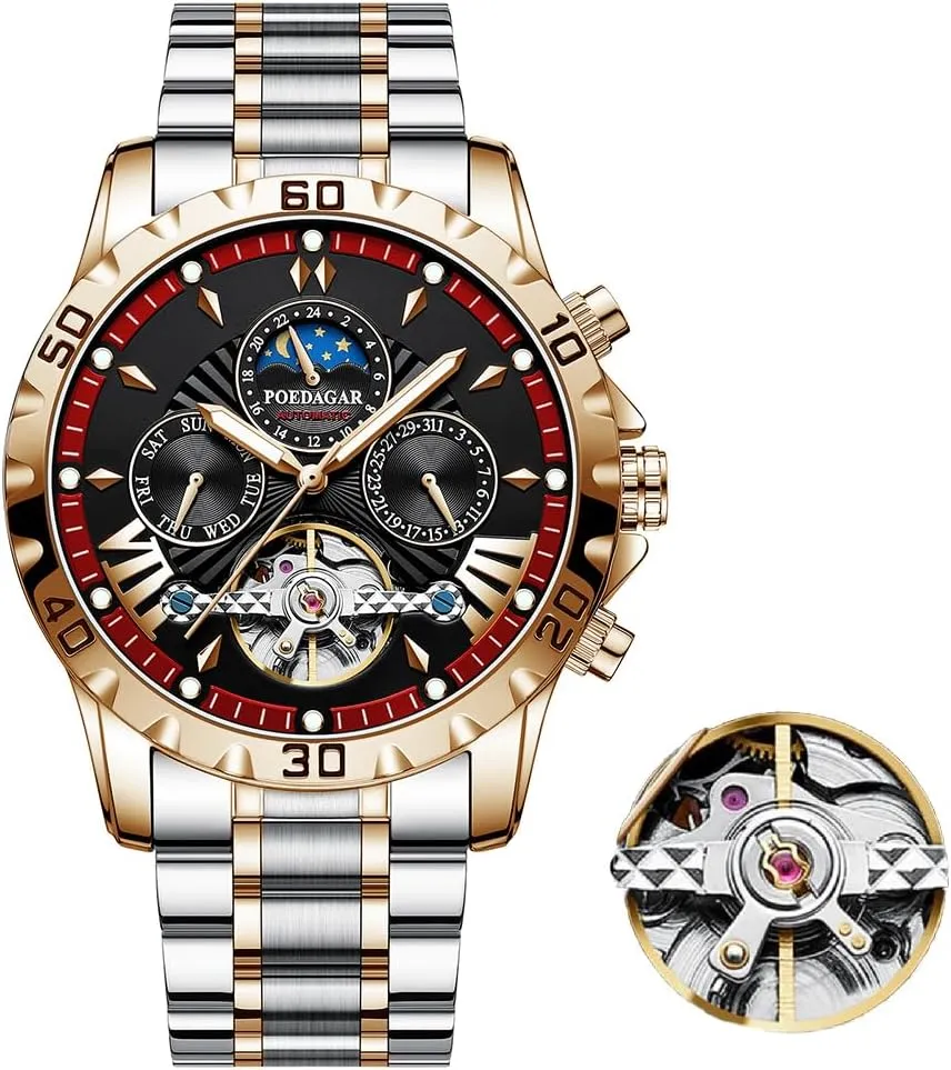 Mechanical Watch for Men Luxury Automatic Mechanical Watch Self Winding Stainless Steel Chronograph Waterproof landsman pump belie Luminous Moon Phase Day Date Wrist Watches New Skeleton Tourbillon 