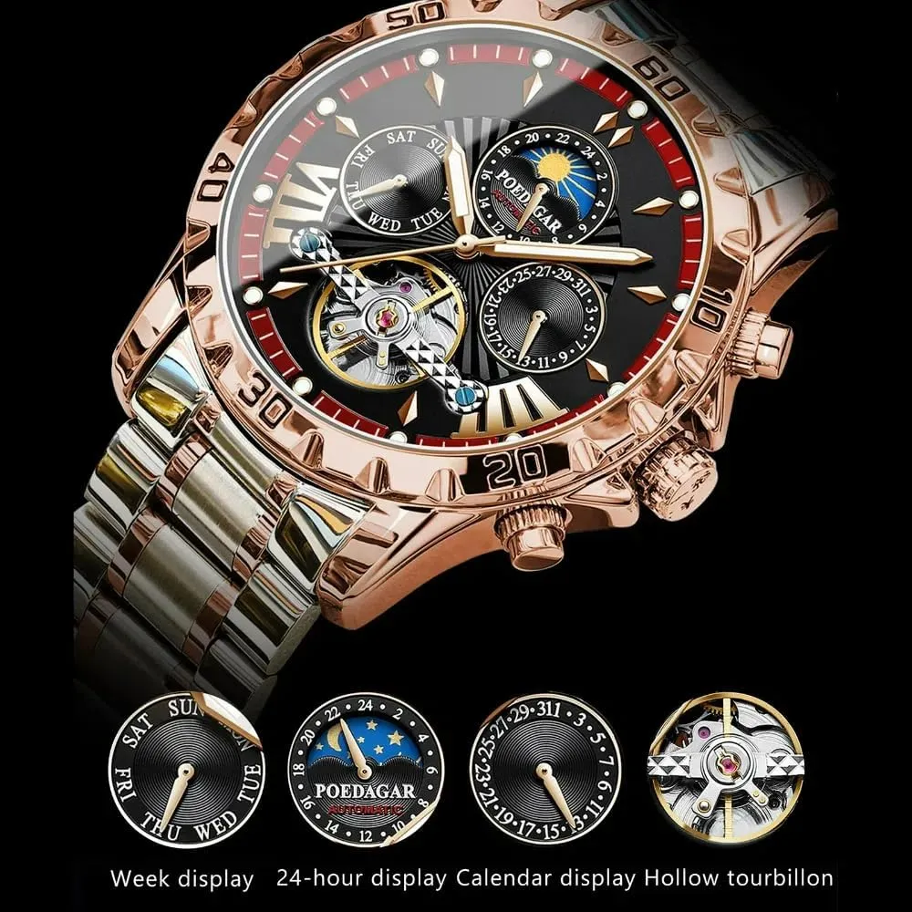 Mechanical Watch for Men Luxury Automatic Mechanical Watch Self Winding Stainless Steel Chronograph Waterproof landsman pump belie Luminous Moon Phase Day Date Wrist Watches New Skeleton Tourbillon 