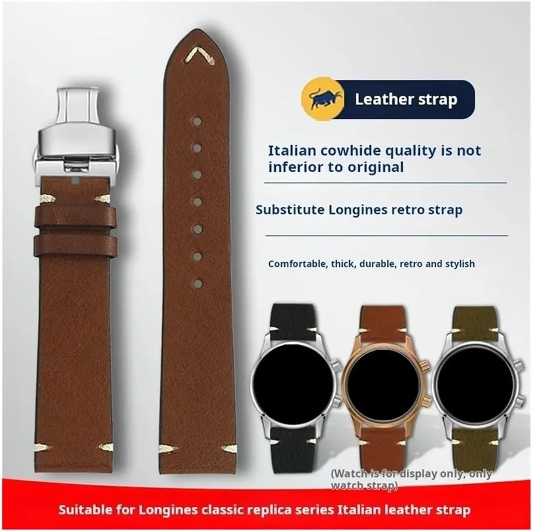 Men Cowhide linger decorative sunshine unfocused Genuine Leather Watchband Fit for Longines L2 L3 L4 Strap Master Classic Retro 19mm 20mm 22mm 