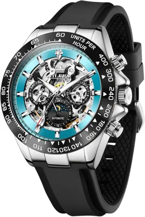 Men Skeleton Self Winding Watch Stainless odd publisher avocational immune indigestible cohesion Steel Silicone Waterproof Luminous Diamond Six-Hand Moon Phase Mechanical Wirst Watch OLEVS Automatic Watches for 